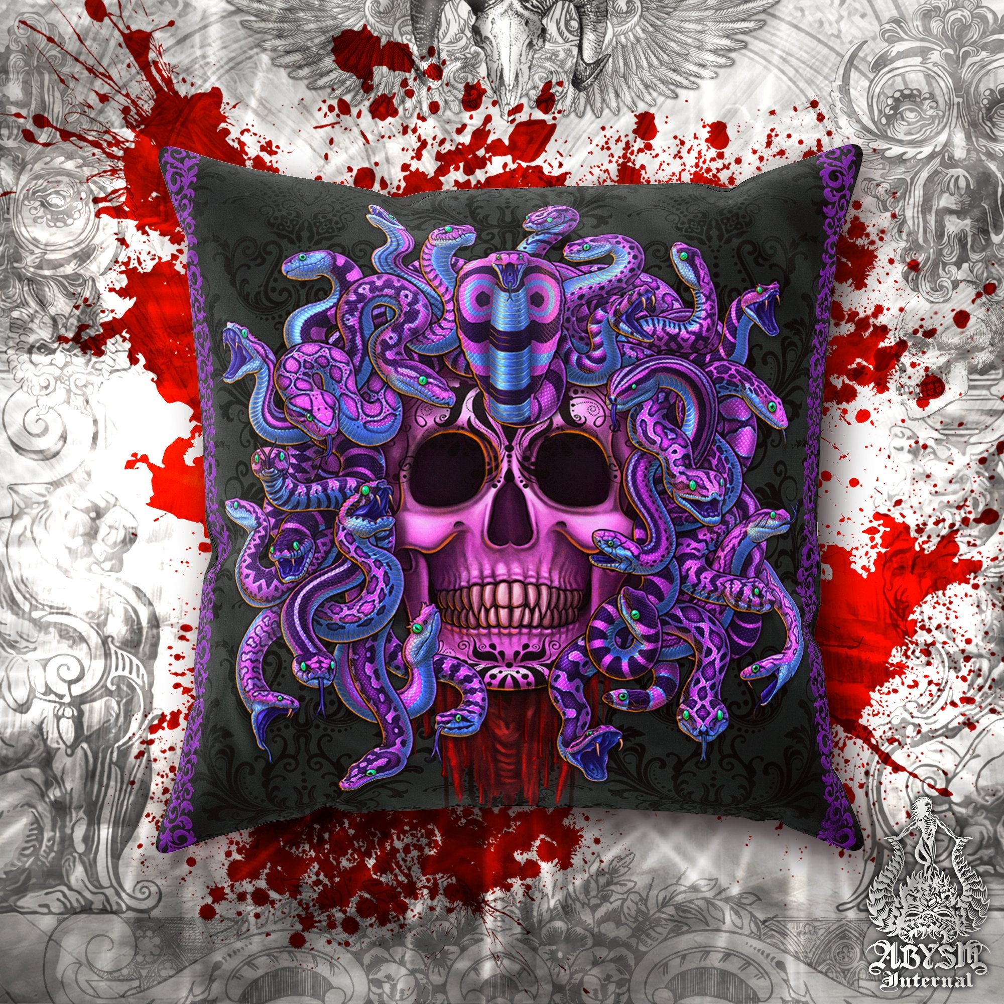 Pastel Goth Throw Pillow, Decorative Accent Pillow, Square Cushion Cover, Medusa Skull, Gothic Room Decor, Psy Art, Alternative Home - Purple, 2 Faces - Abysm Internal