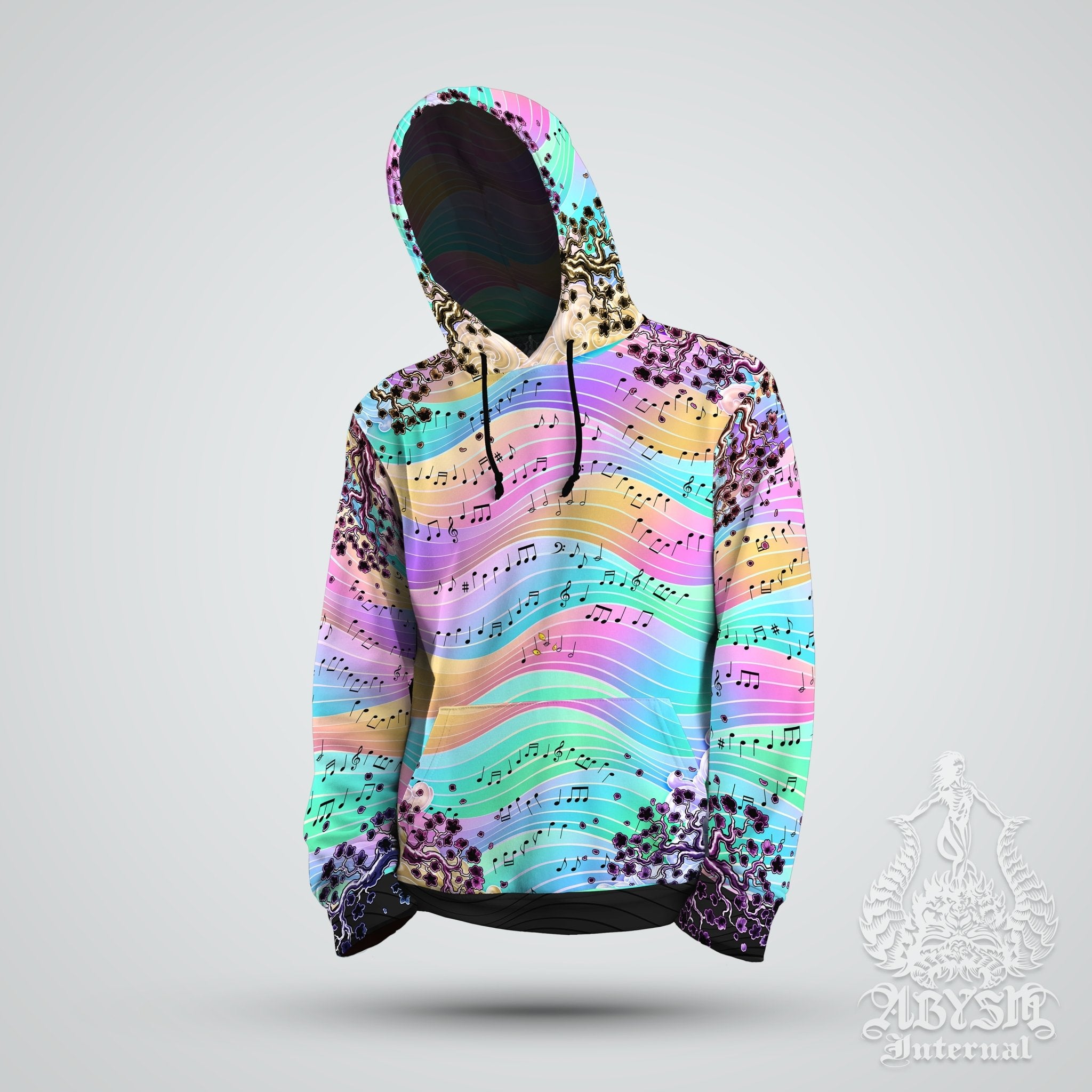 Pastel Hoodie, Aesthetic Streetwear, Rave Outfit, Music Festival, Trippy Sweater, Holographic Clothing, Unisex - Black Dragon, Treble Clef - Abysm Internal