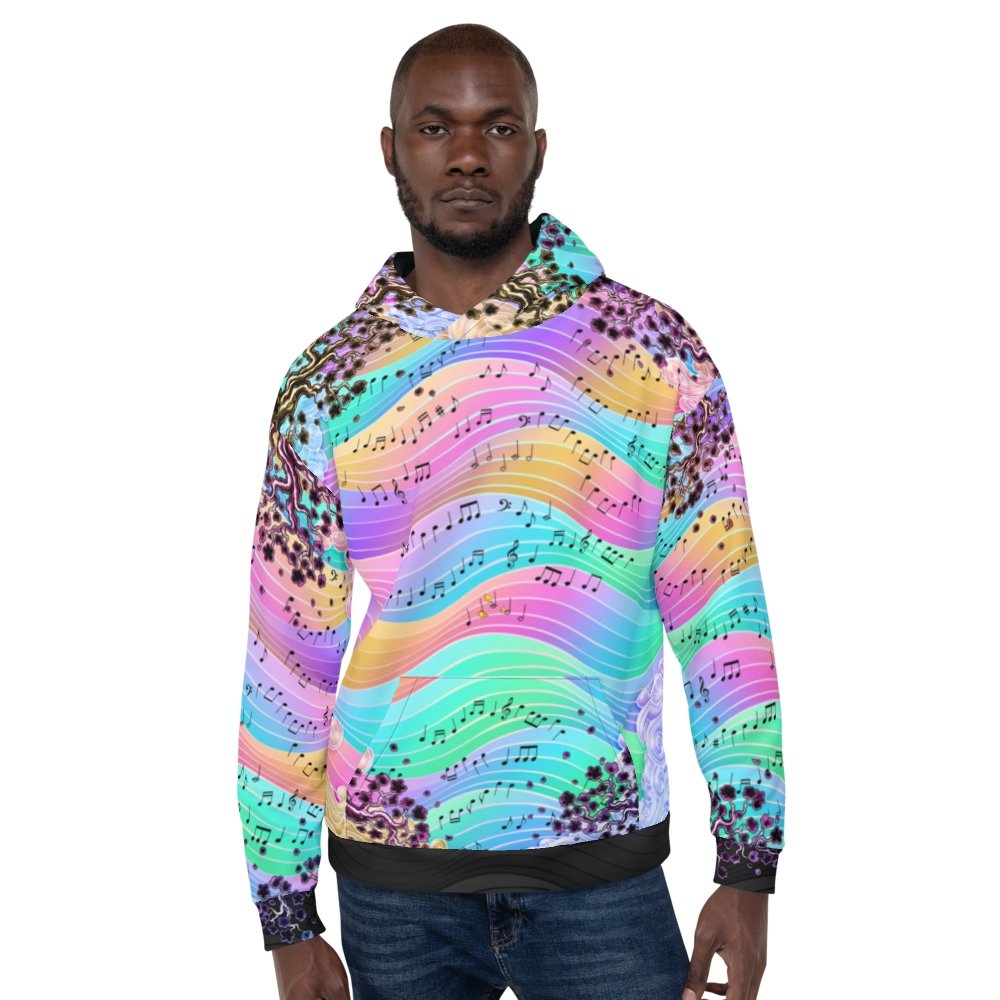 Pastel Hoodie, Aesthetic Streetwear, Rave Outfit, Music Festival, Trippy Sweater, Holographic Clothing, Unisex - Black Dragon, Treble Clef - Abysm Internal