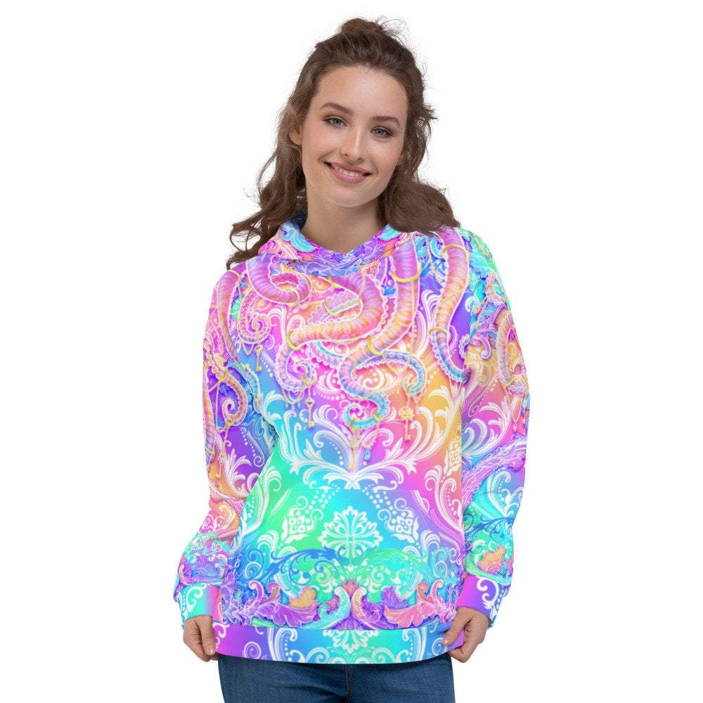 Pastel Hoodie, Aesthetic Streetwear, Rave Outfit, Psychedelic and Trippy Festival Sweater, Holographic Clothing, Unisex - Octopus - Abysm Internal