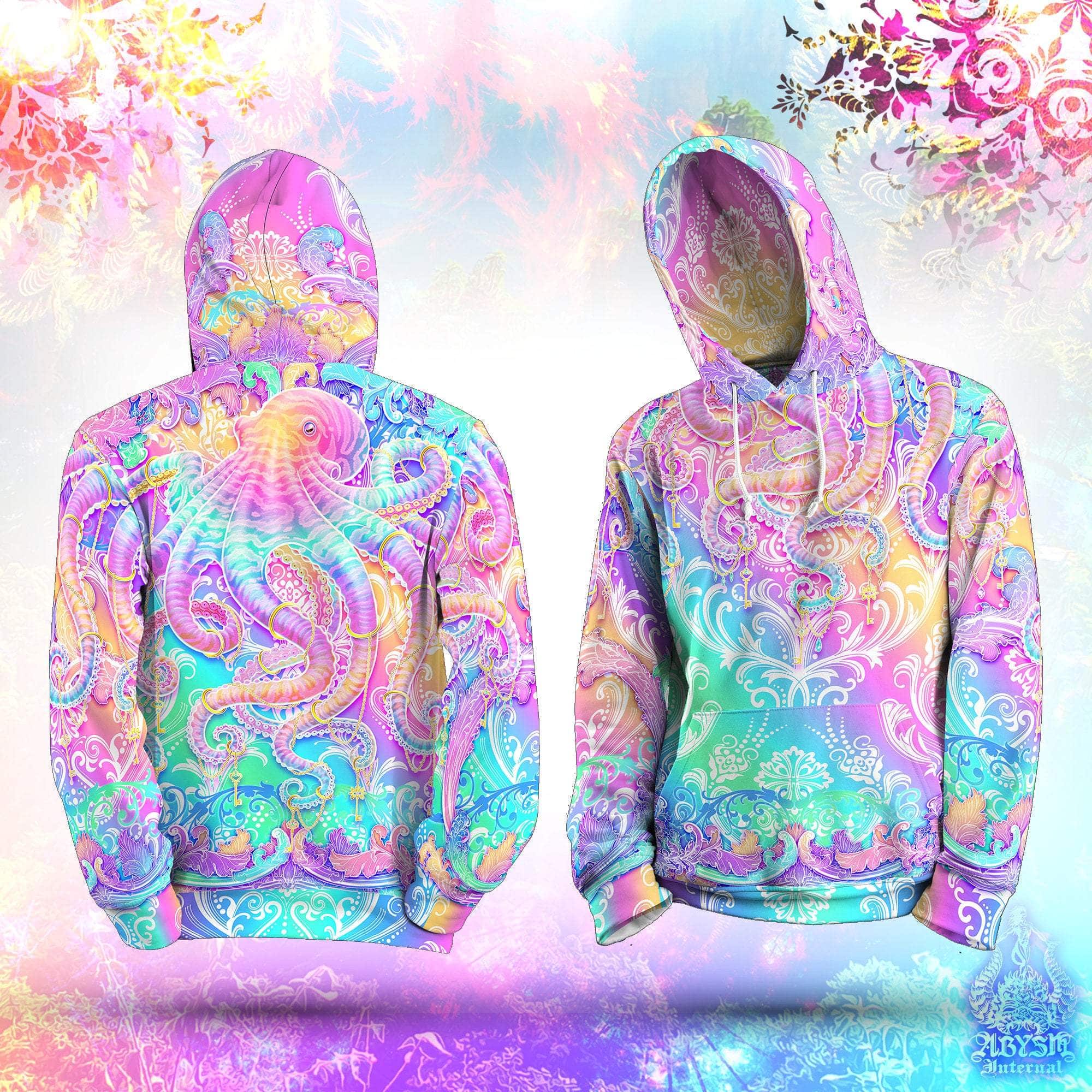 Pastel Hoodie, Aesthetic Streetwear, Rave Outfit, Psychedelic and Trippy Festival Sweater, Holographic Clothing, Unisex - Octopus - Abysm Internal