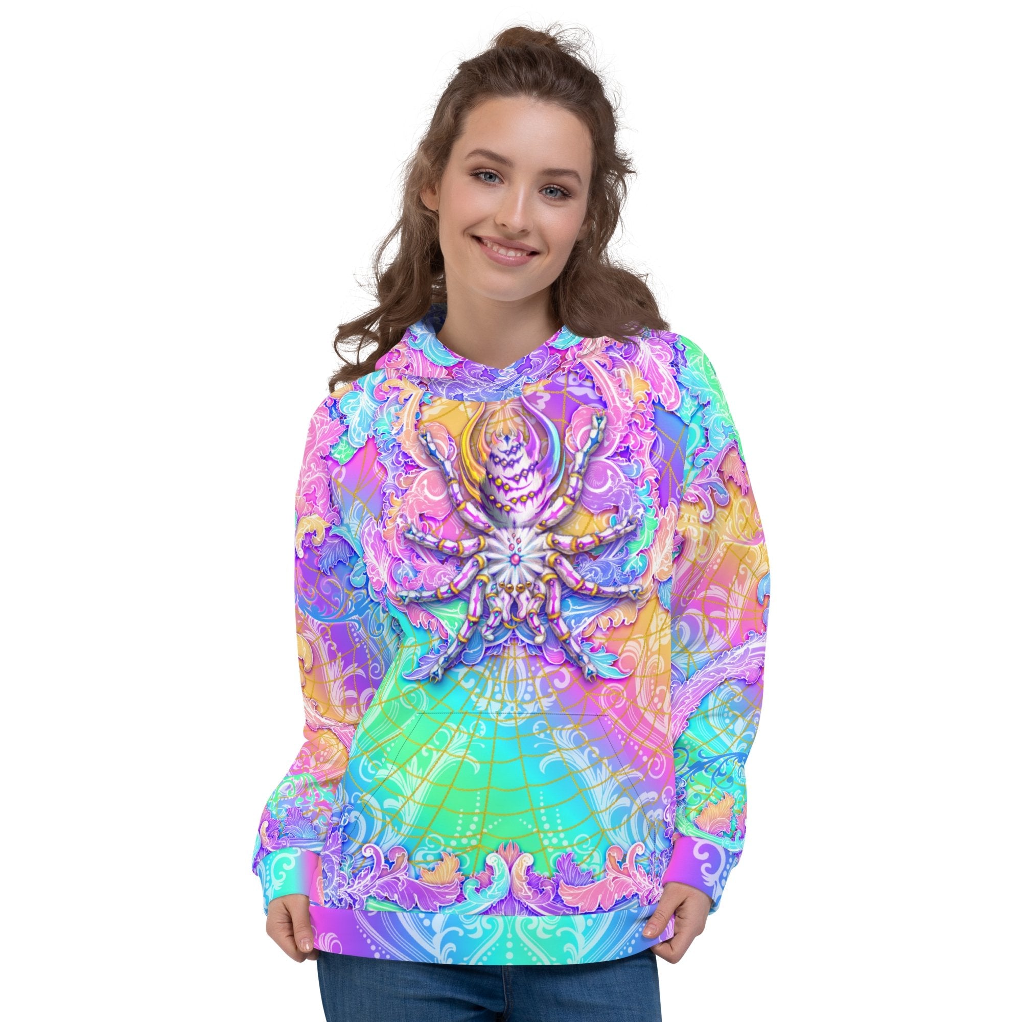 Pastel Hoodie, Aesthetic Streetwear, Skater, Rave Outfit, Festival Apparel, Holographic Clothing, Unisex - Tarantula, Spider, Psychedelic Art - Abysm Internal