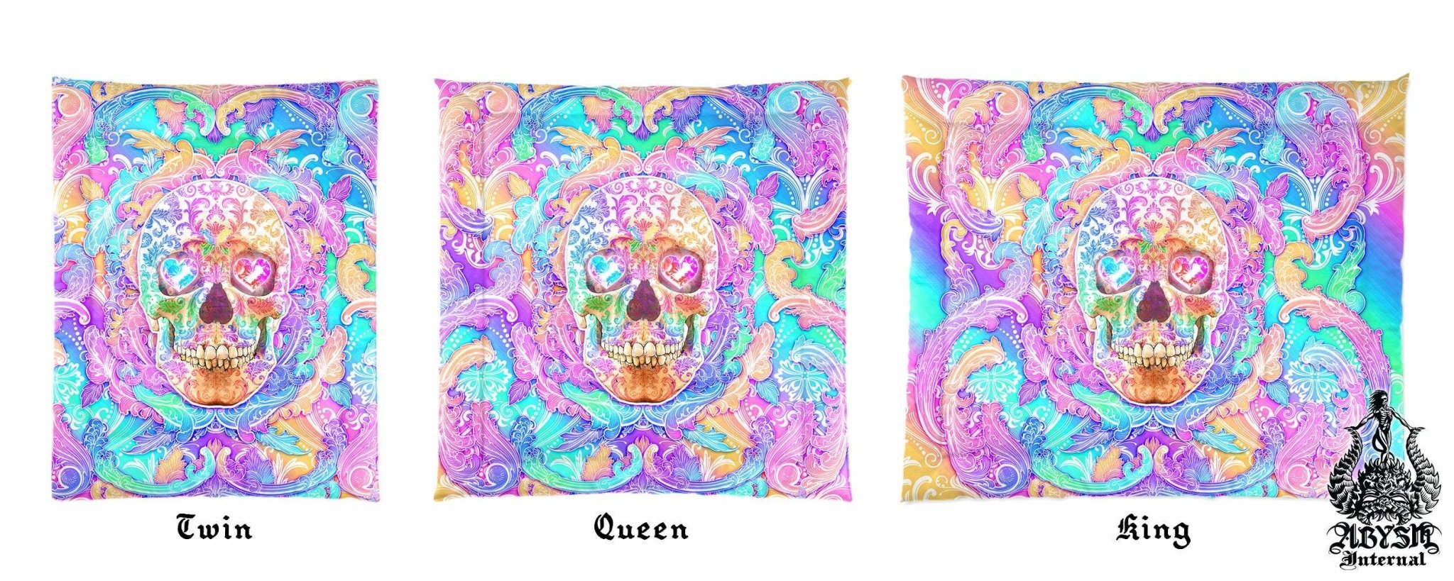Pastel Horror Bedding Set, Comforter and Duvet, Psychedelic, Aesthetic Bed Cover, Kawaii Gamer Bedroom Decor, King, Queen and Twin Size - Skull - Abysm Internal