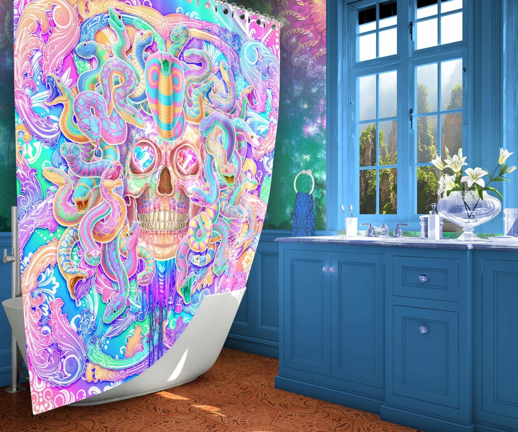 Pastel Horror Shower Curtain, Aesthetic Bathroom Decor, Psychedelic Skull, Eclectic and Funky Home - Medusa & Snakes - Abysm Internal