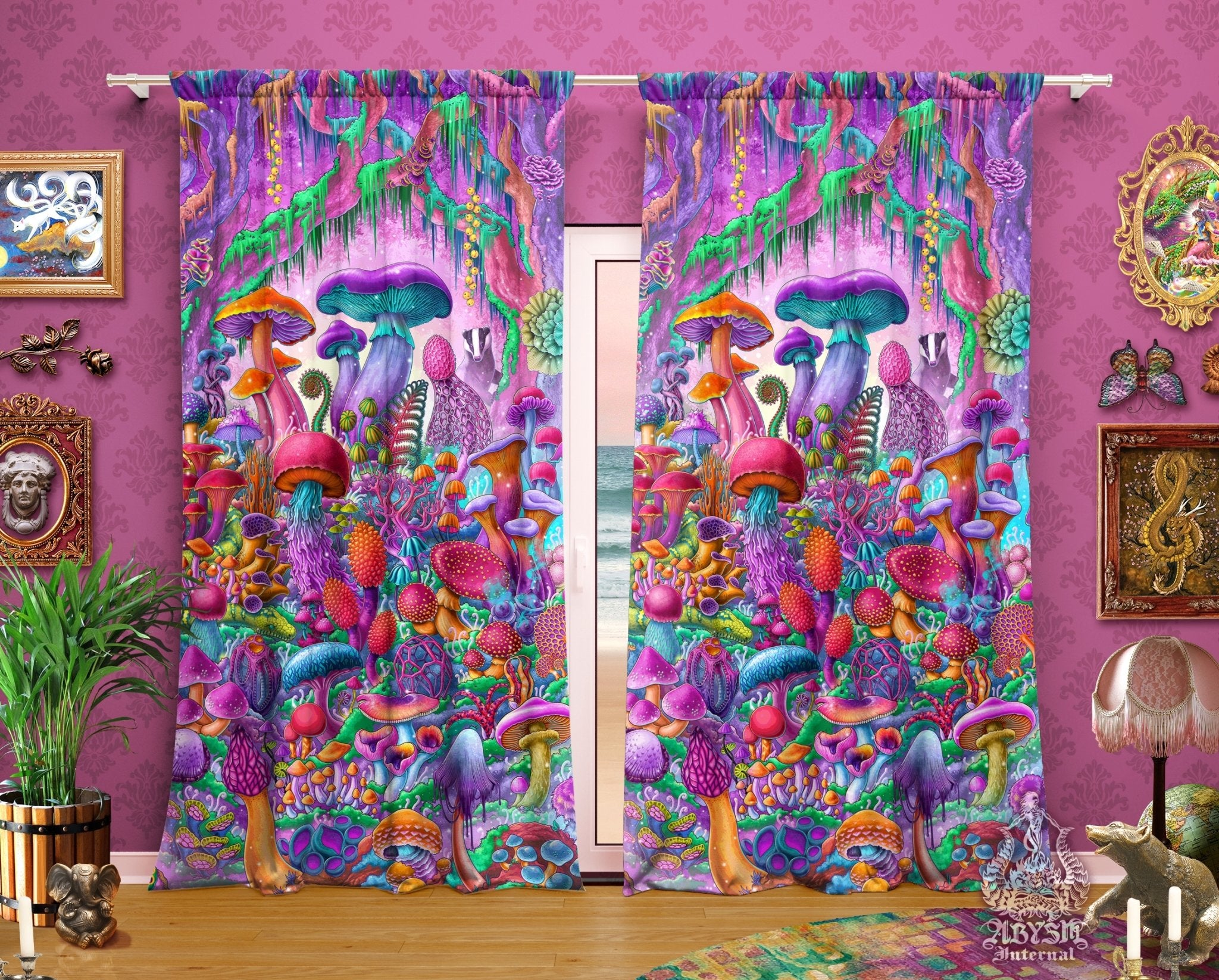 Pastel Mushrooms Blackout Curtains, Long Window Panels, Psychedelic Art Print, Girly Kids Room Decor, Aesthetic Gamer Home and Shop Decor - Magic Shrooms - Abysm Internal