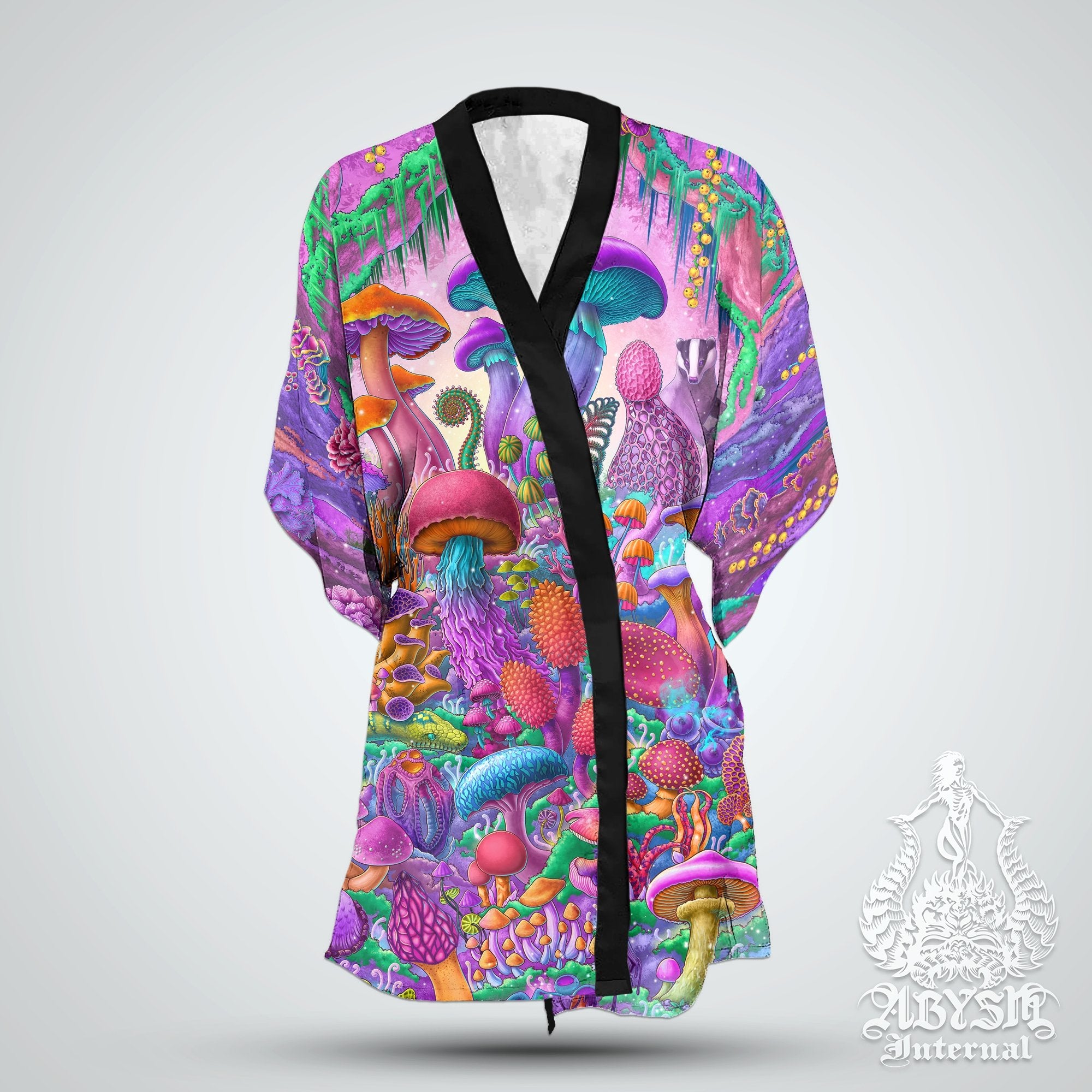 Pastel Mushrooms Cover Up, Aesthetic Outfit, Indie Party Kimono, Summer Festival Robe, Psychedelic Magic Shrooms Gift, Alternative Clothing, Unisex - Abysm Internal