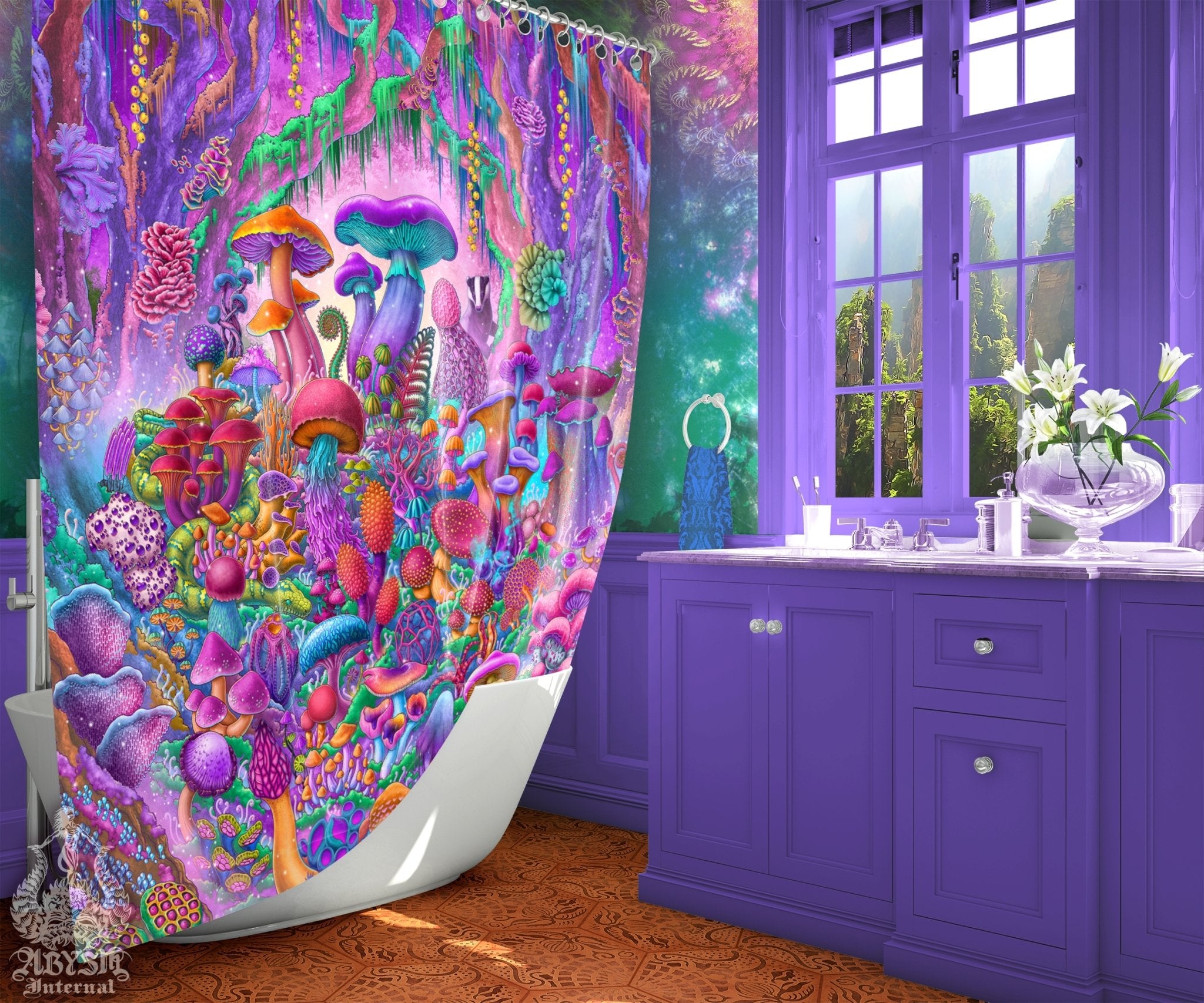 Pastel Mushrooms Shower Curtain, Girl Bathroom Decor, Aesthetic Home Art, Mycologist Gift - Magic Shrooms - Abysm Internal