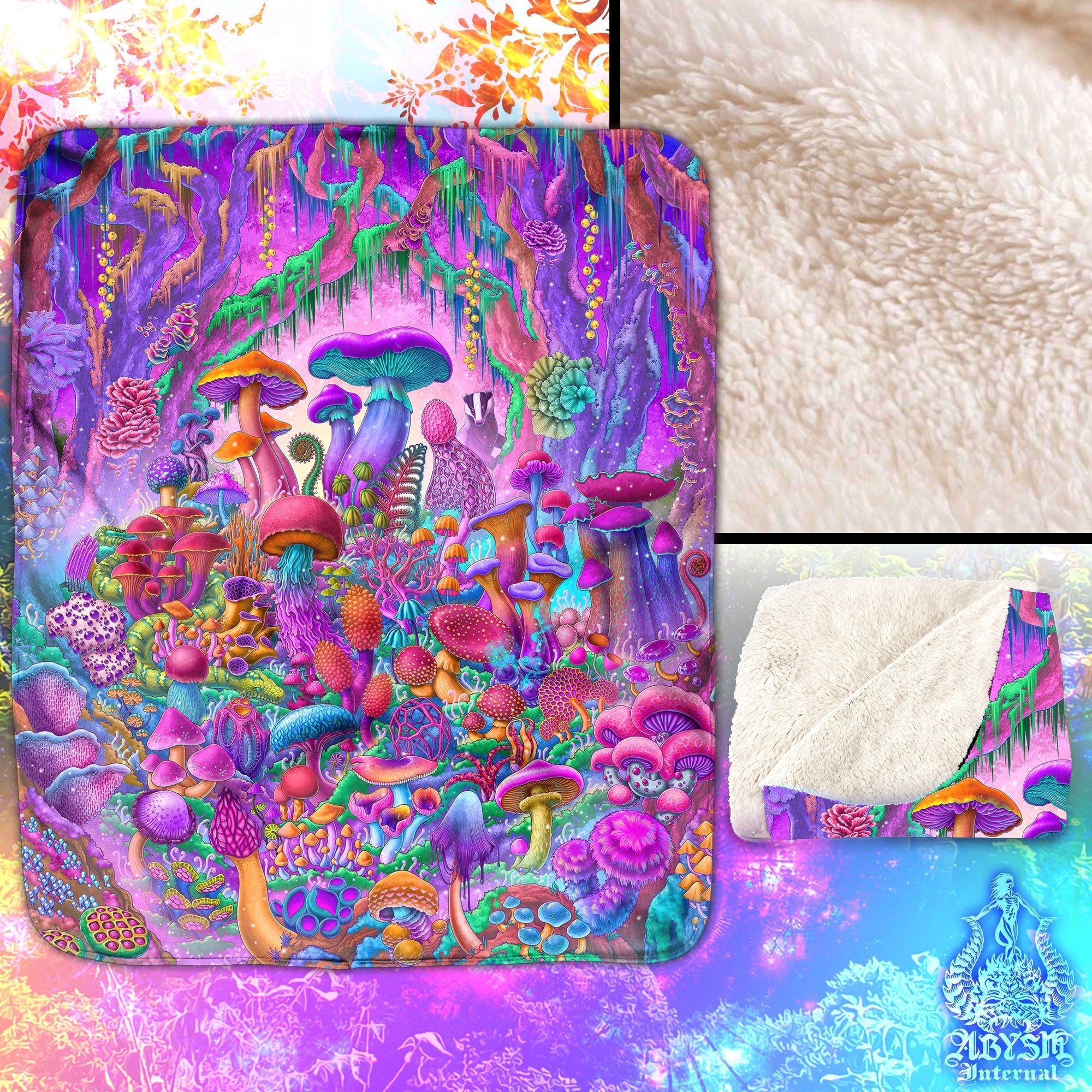 Pastel Mushrooms Throw Fleece Blanket, Aesthetic Home Decor, Psychedelic Magic Shrooms Art, Girly Gift, Toddler Room Art - Abysm Internal