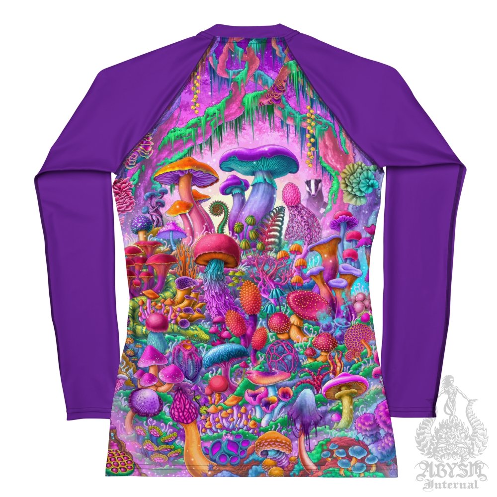 Pastel Mushrooms Women's Rash Guard, Long Sleeve spandex shirt for surfing, swimsuit top for water sports, Fantasy Art - Aesthetic Magic Shrooms - Abysm Internal