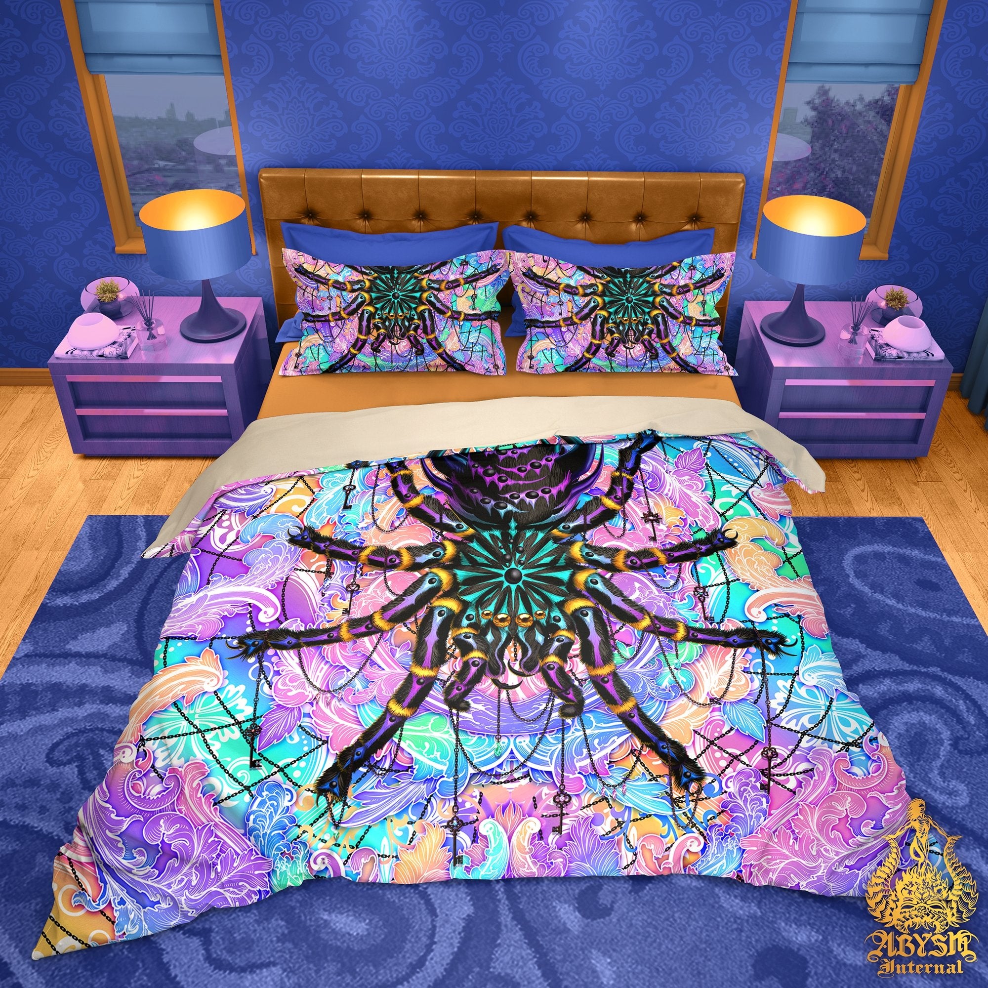 Pastel Punk Black Bedding Set, Comforter and Duvet, Bed Cover and Bedroom Decor, King, Queen and Twin Size - Tarantula Spider, Holographic Style - Abysm Internal