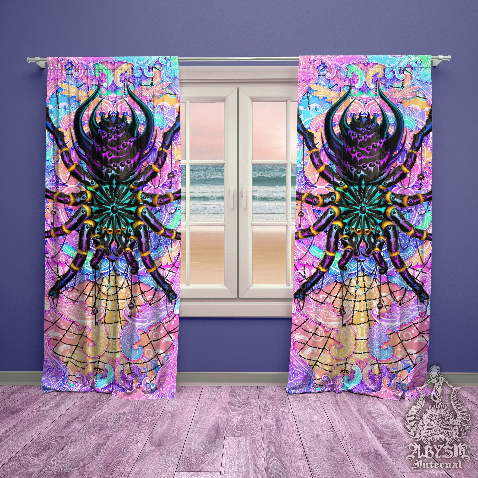 Pastel Punk Black Blackout Curtains, Long Window Panels, Psychedelic Art Print, Kawaii Gamer Room Decor, Funky and Eclectic Home Decor - Tarantula, Aesthetic Spider - Abysm Internal