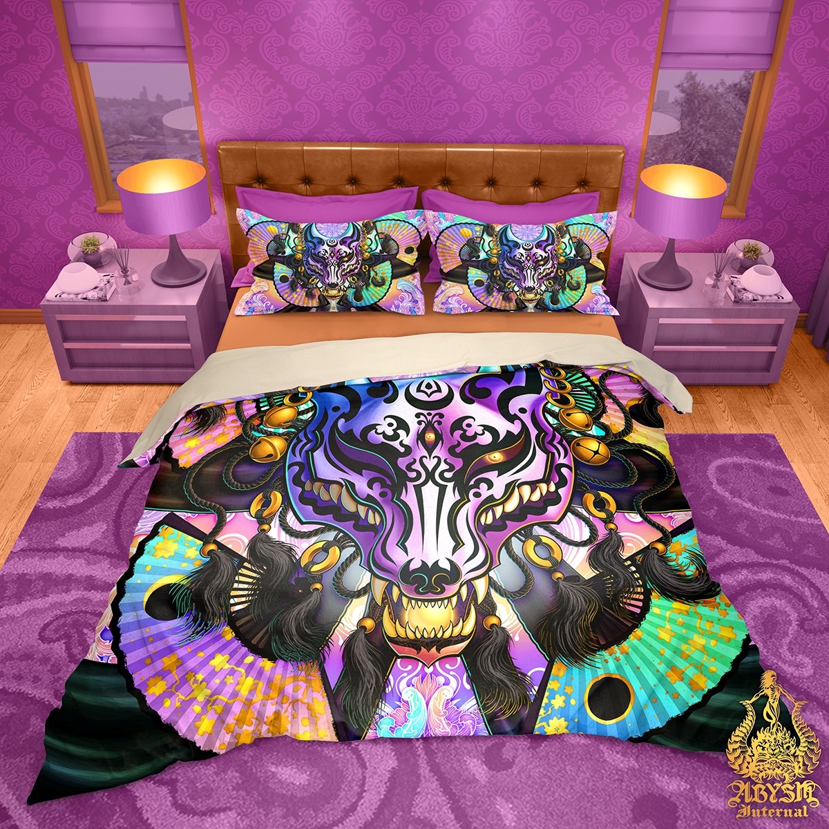 Pastel Punk Kitsune Mask Bedding Set, Comforter and Duvet, Fox Okami, Anime Art, Aesthetic Bed Cover, Kawaii Gamer Bedroom Decor, King, Queen and Twin Size - Black - Abysm Internal