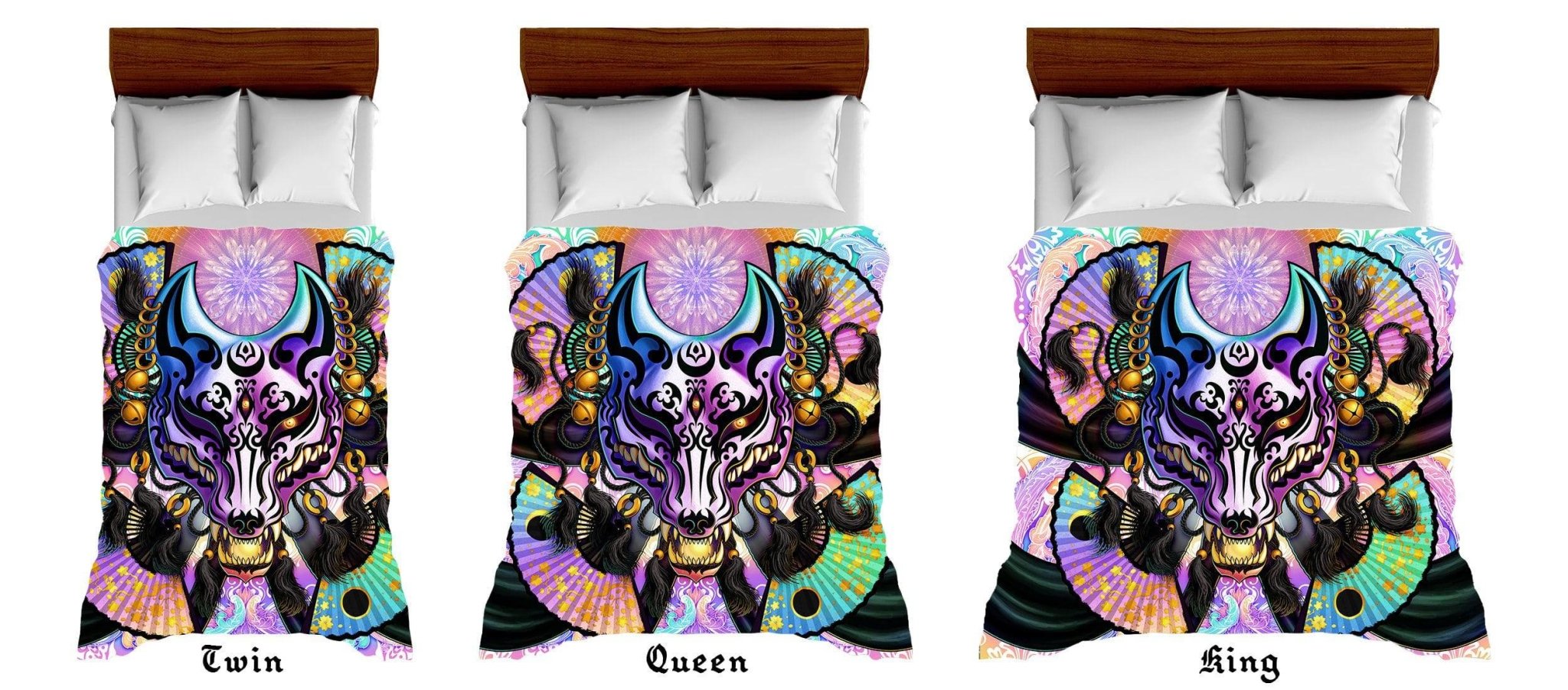Pastel Punk Kitsune Mask Bedding Set, Comforter and Duvet, Fox Okami, Anime Art, Aesthetic Bed Cover, Kawaii Gamer Bedroom Decor, King, Queen and Twin Size - Black - Abysm Internal