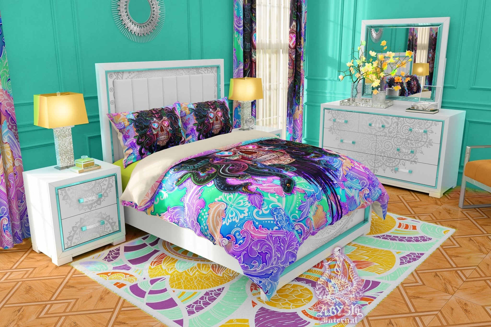 Pastel Punk Skull Bedding Set, Comforter and Duvet, Aesthetic Bed Cover, Kawaii Gamer Bedroom Decor, King, Queen and Twin Size - Psychedelic Black Medusa - Abysm Internal