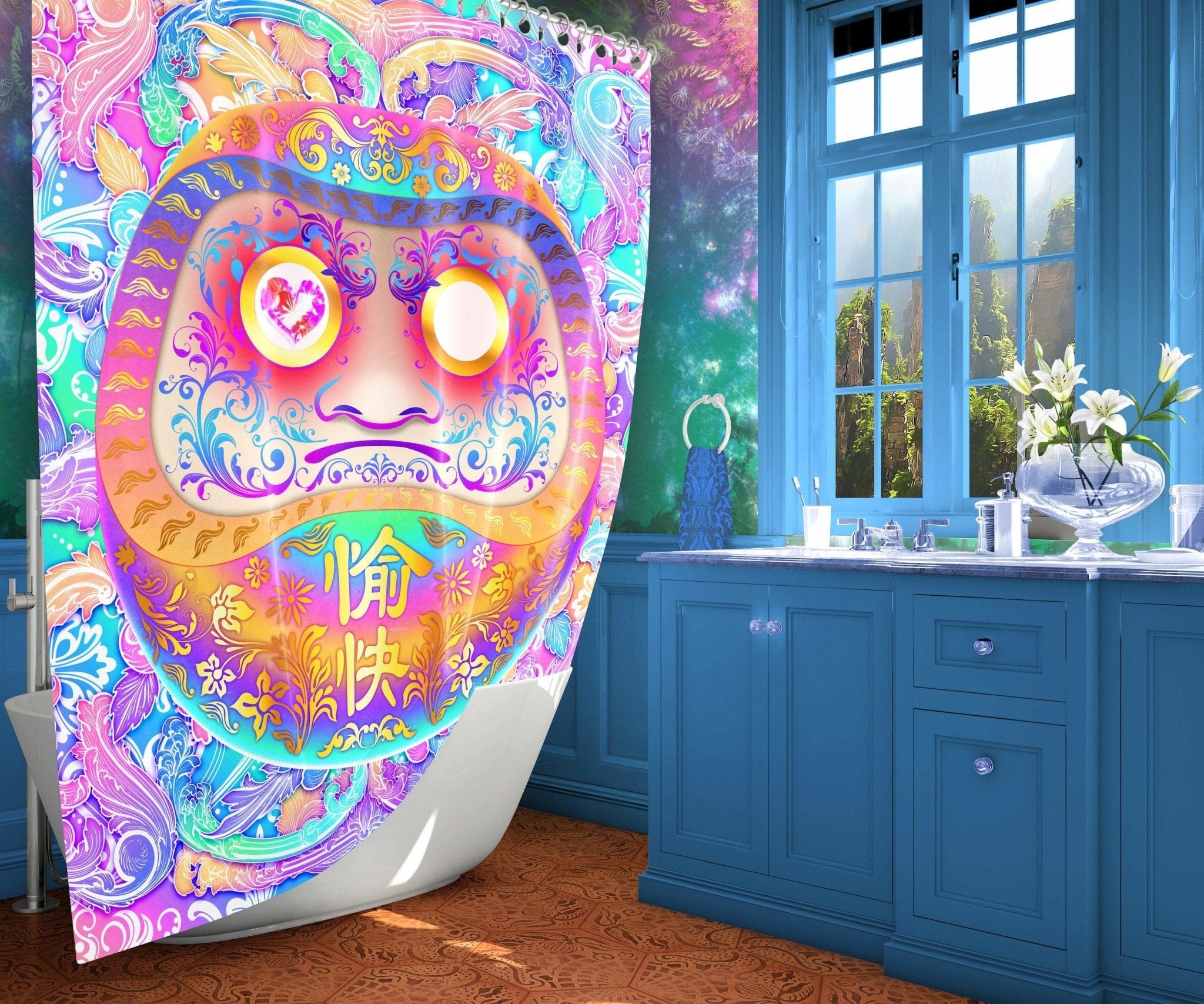 Yume Kawaii Shower Curtain, Fairy Kei, Aesthetic and Holographic Bathroom Decor, Anime Art, Eclectic and Funky Home - Pastel Daruma - Abysm Internal