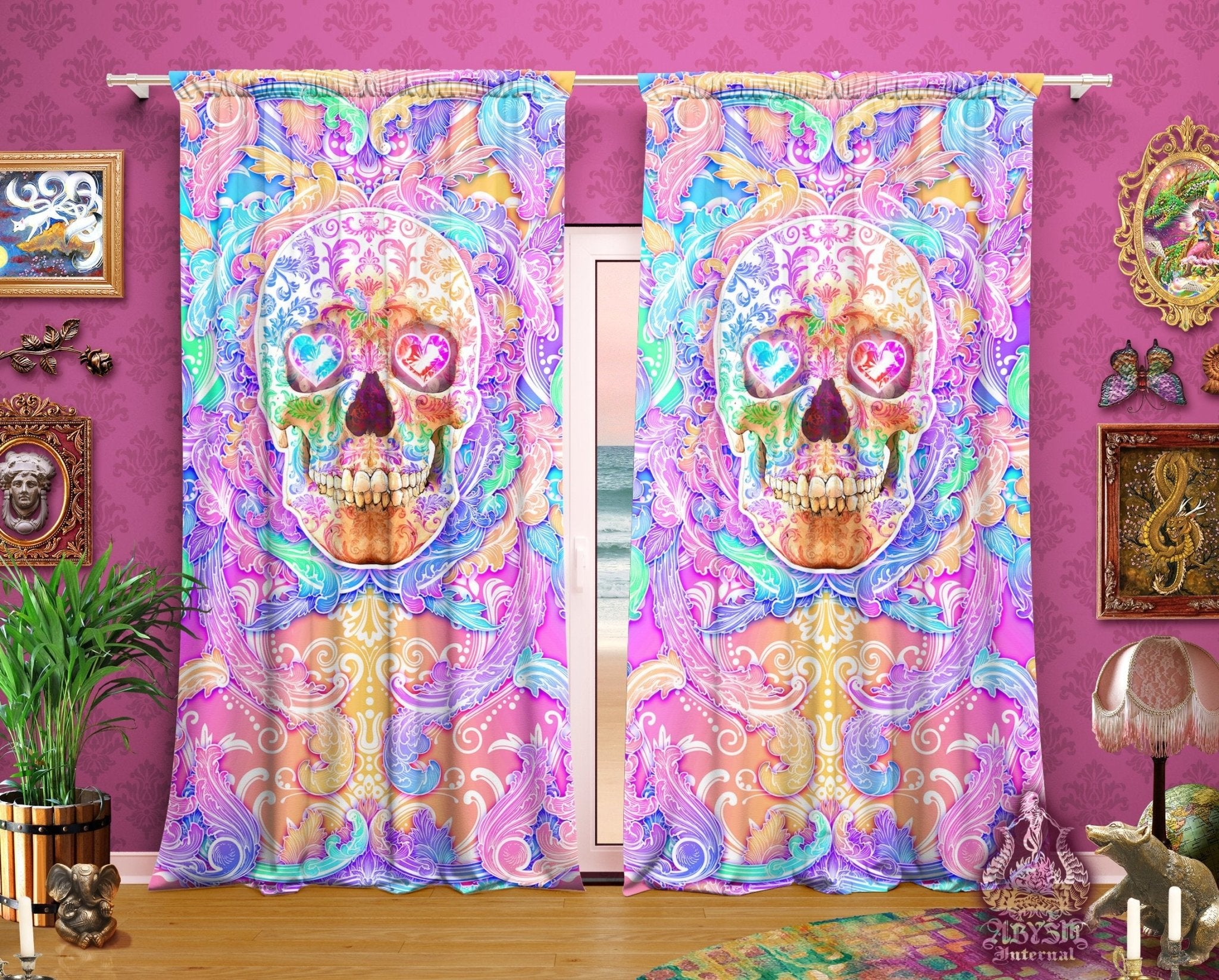Pastel Skull Blackout Curtains, Long Window Panels, Psychedelic Art Print, Horror Decor, Funky and Eclectic Home Decor - Holographic and Aesthetic Room Decor - Abysm Internal
