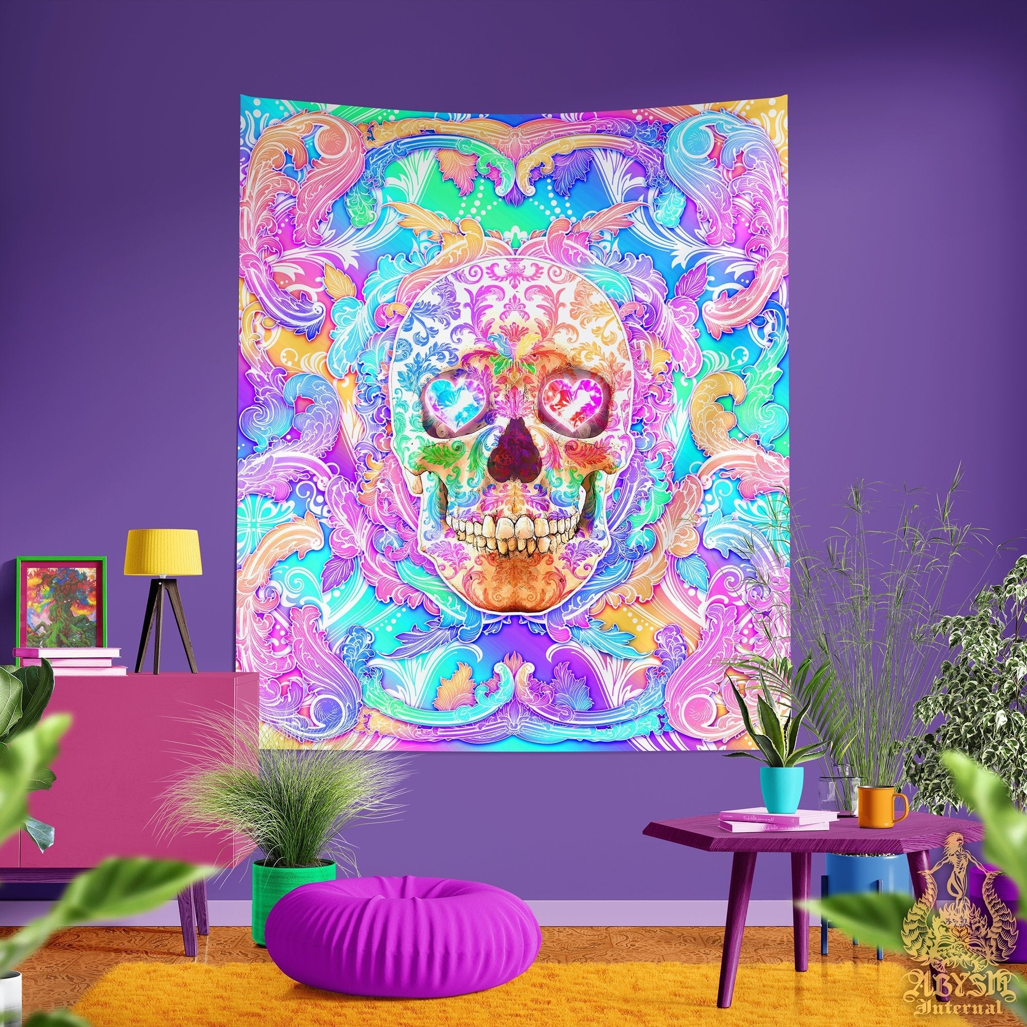 Pastel Skull Tapestry, Holographic Wall Hanging, Aesthetic Home Decor, Art Print, Eclectic and Funky - Abysm Internal