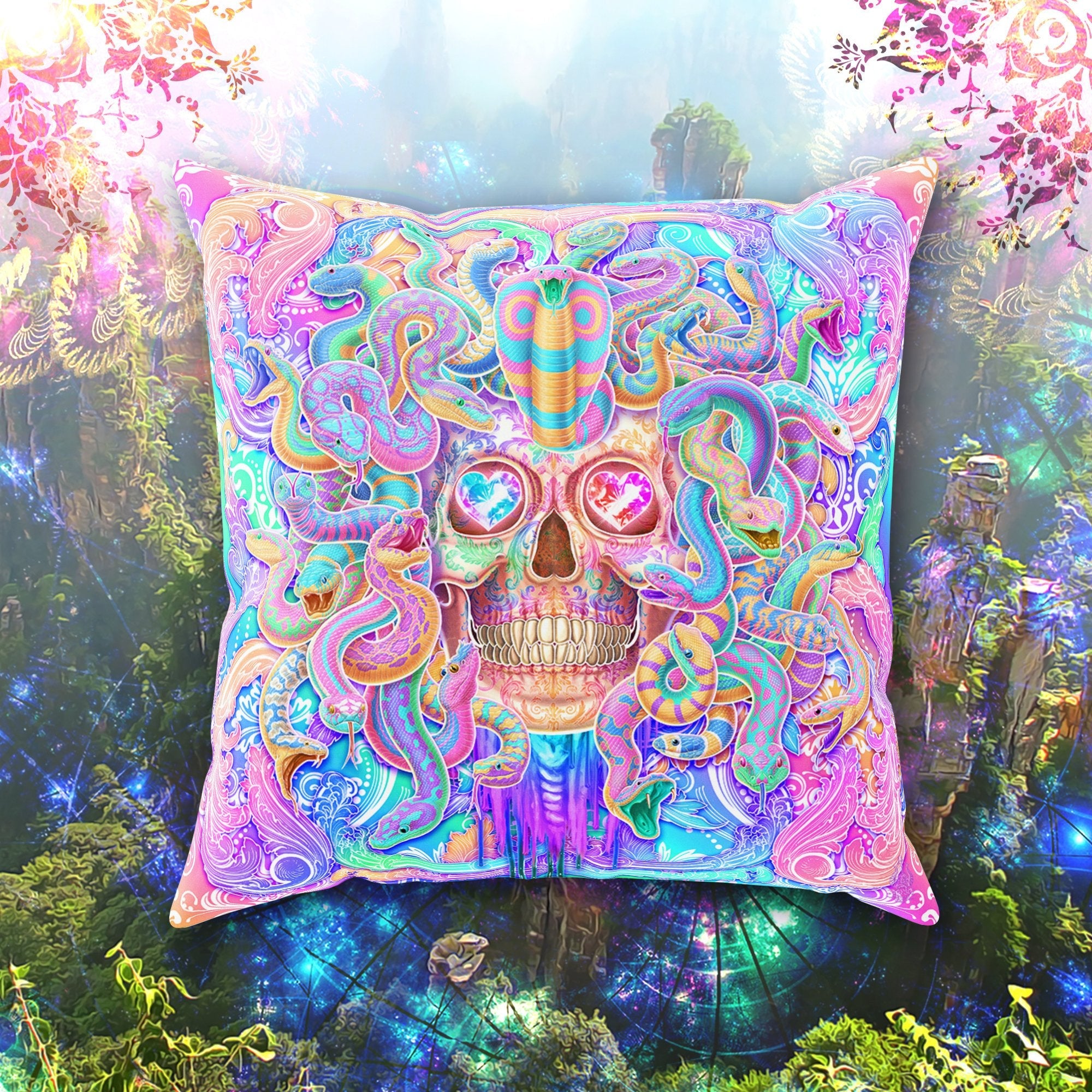 Pastel Skull Throw Pillow, Decorative Accent Cushion, Aesthetic Room Decor, Psychedelic Art, Funky and Eclectic Home - Medusa & Snakes - Abysm Internal