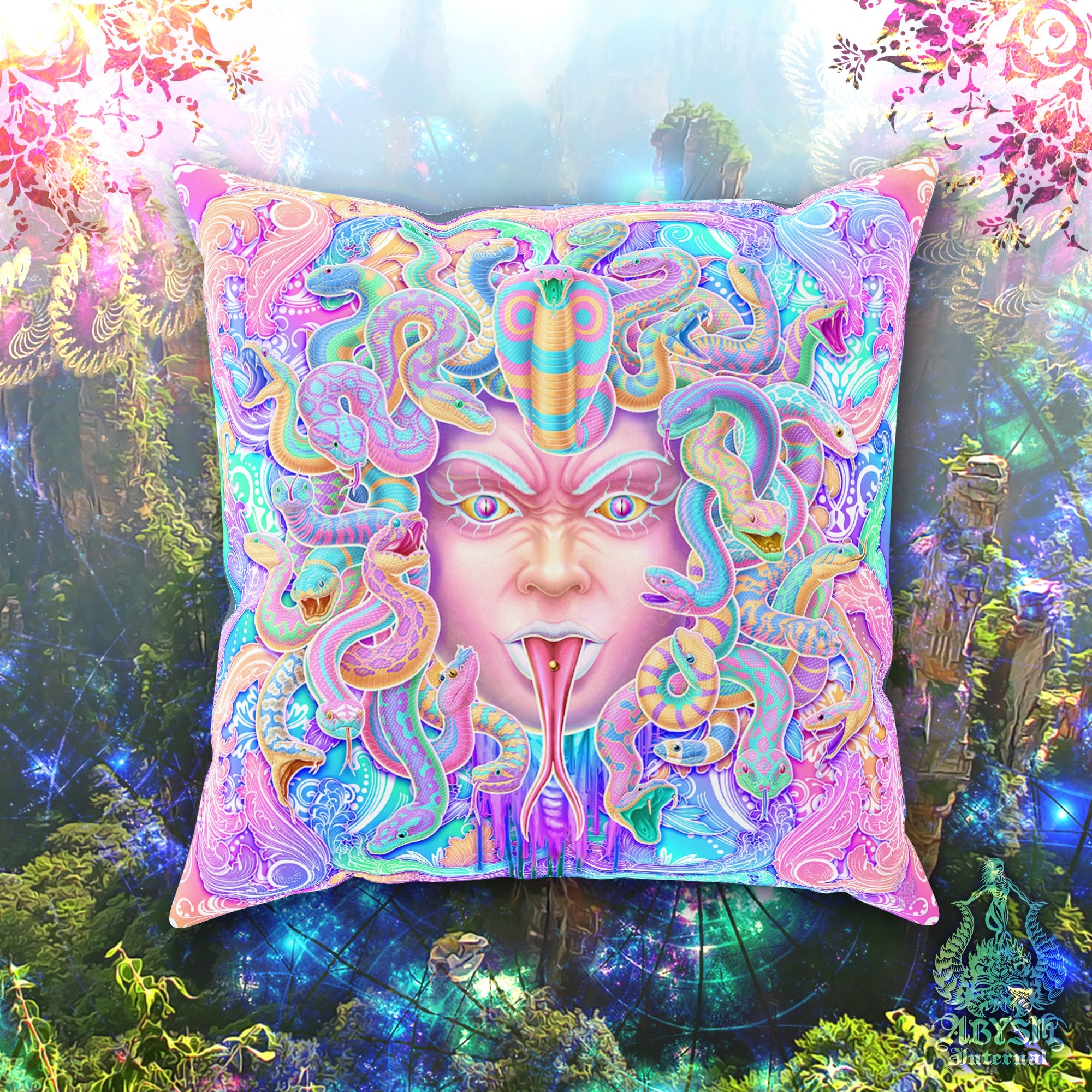 Pastel Skull Throw Pillow, Decorative Accent Pillow, Square Cushion Cover, Aesthetic Room Decor, Psychedelic Art, Funky Home - Medusa, 4 Faces - Abysm Internal