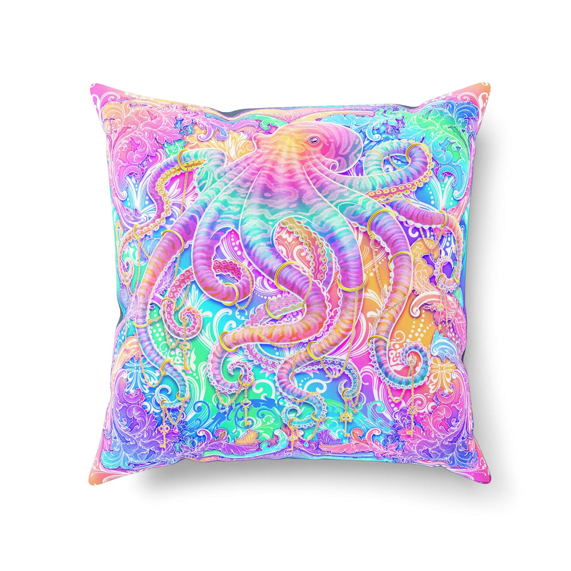 Pastel Throw Pillow, Decorative Accent Cushion, Aesthetic and Holographic Decor, Fairy Kei and Yume Kawaii style, Funky and Eclectic Home - Psychedelic, Octopus - Abysm Internal