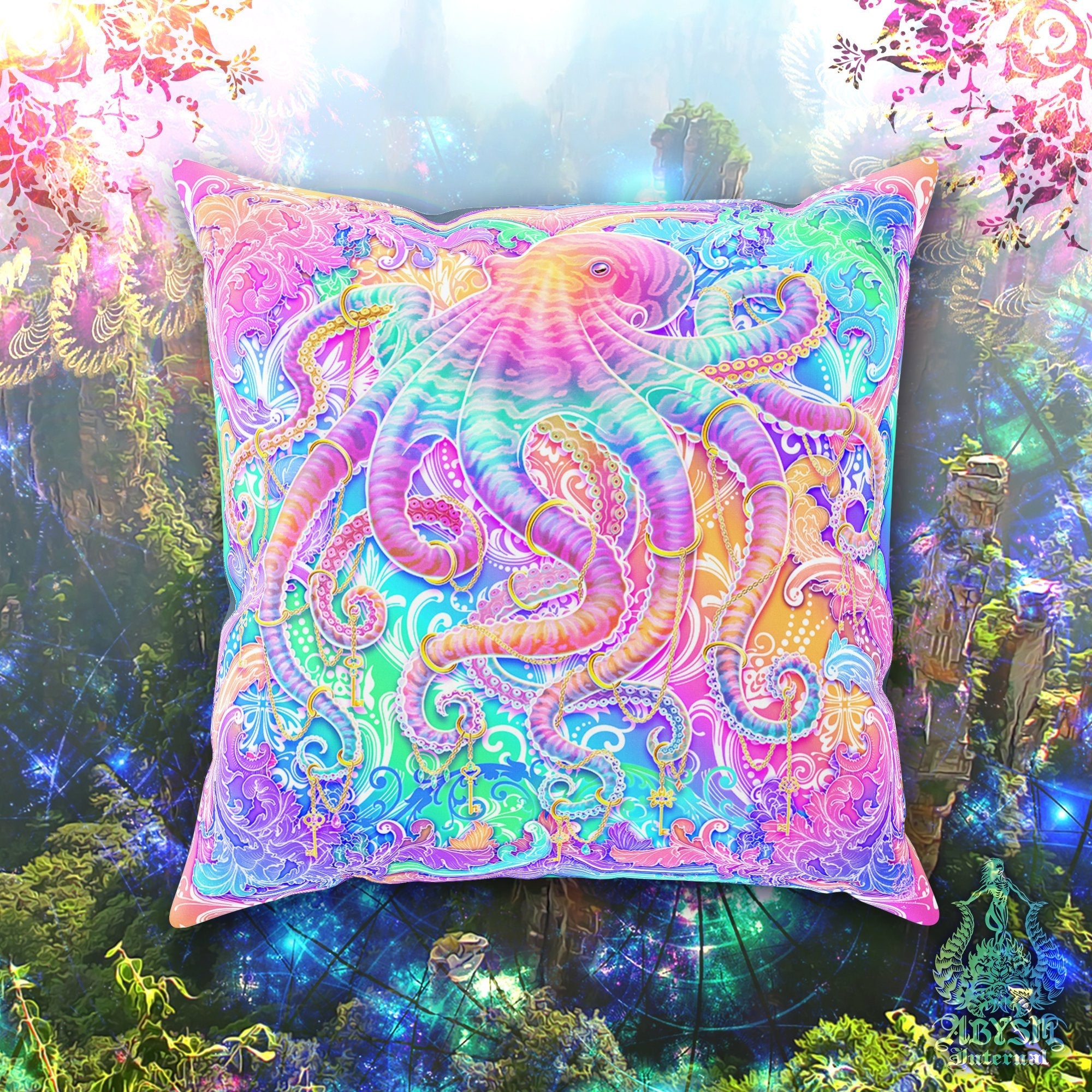 Pastel Throw Pillow, Decorative Accent Cushion, Aesthetic and Holographic Decor, Fairy Kei and Yume Kawaii style, Funky and Eclectic Home - Psychedelic, Octopus - Abysm Internal