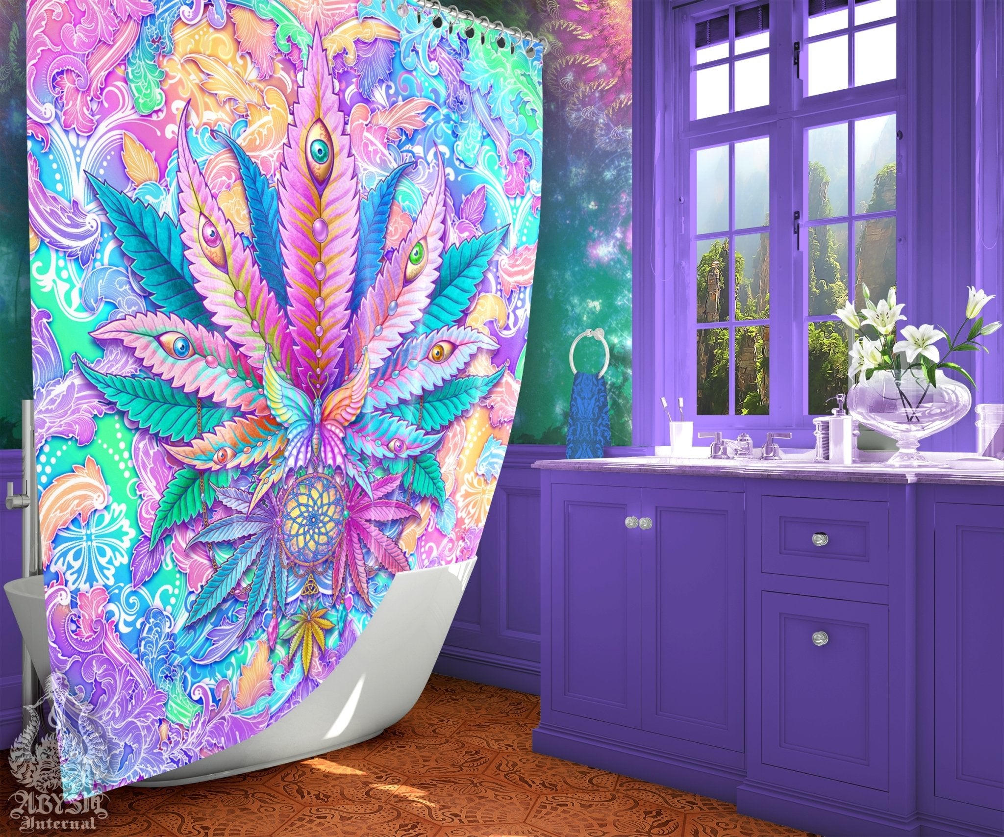 Pastel Weed Shower Curtain, Aesthetic Bathroom Decor, Indie Cannabis Print, Hippie 420 Home Art - Marijuana - Abysm Internal