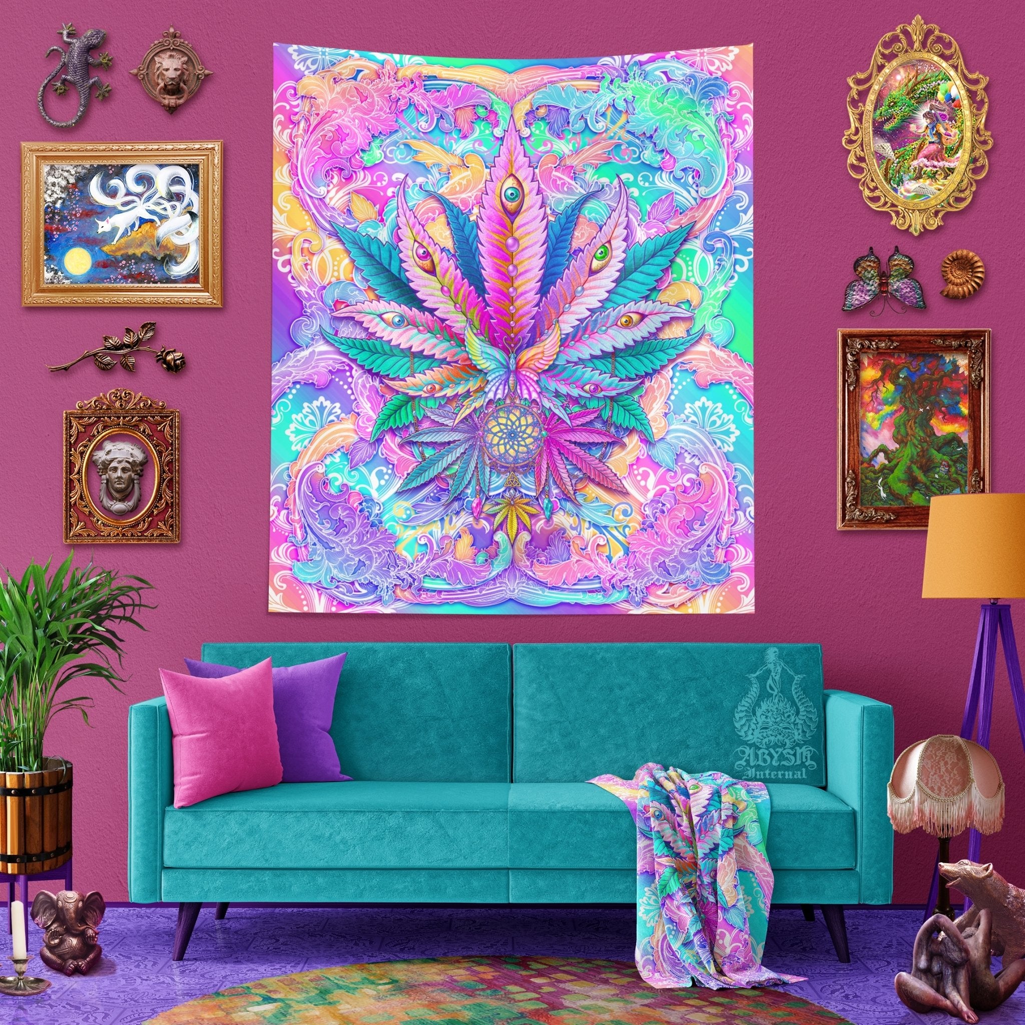 Pastel Weed Tapestry, Cannabis Shop Decor, Marijuana Wall Hanging, Pink Home Decor, Aesthetic Art Print, 420 Gift, Eclectic and Funky - Abysm Internal