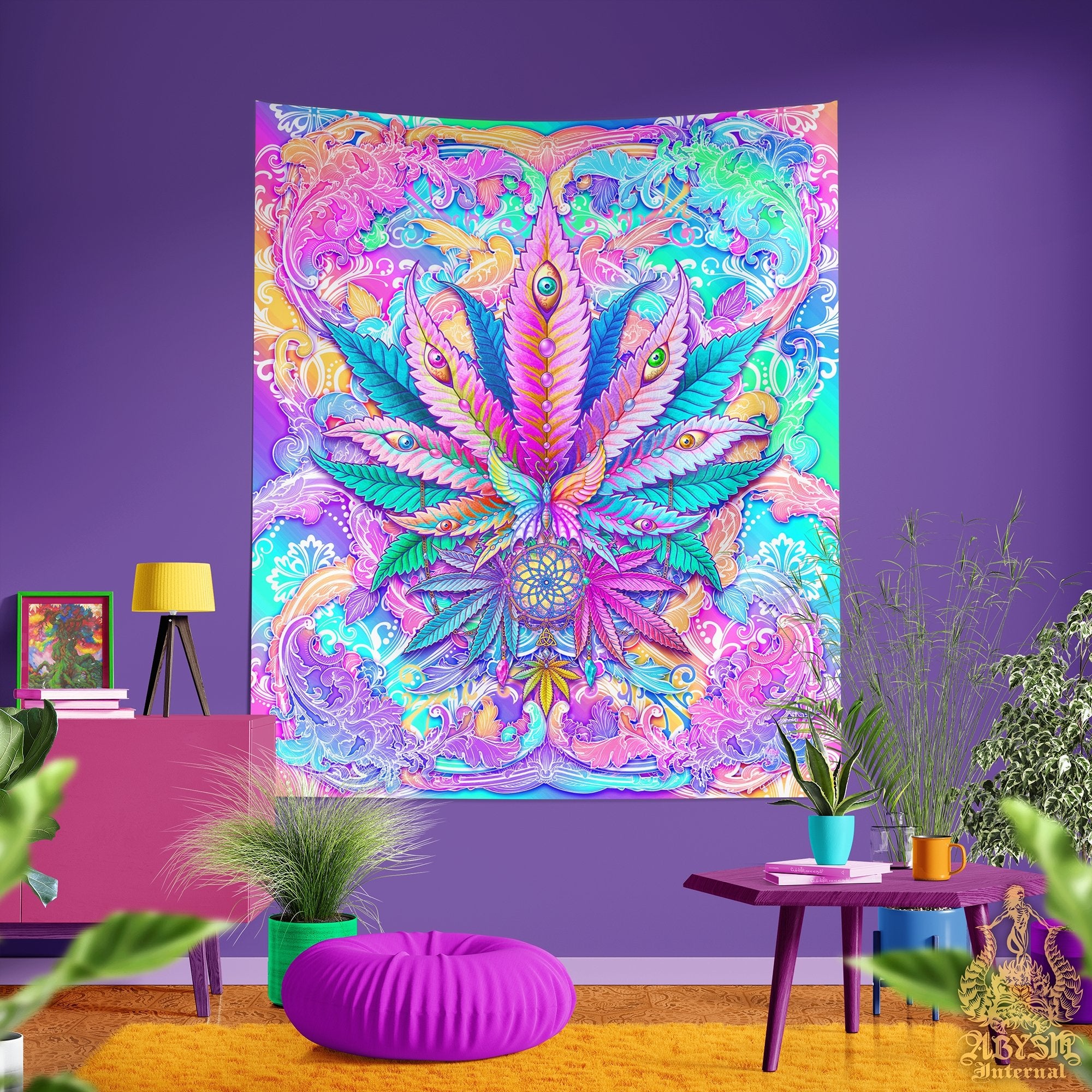 Pastel Weed Tapestry, Cannabis Shop Decor, Marijuana Wall Hanging, Pink Home Decor, Aesthetic Art Print, 420 Gift, Eclectic and Funky - Abysm Internal