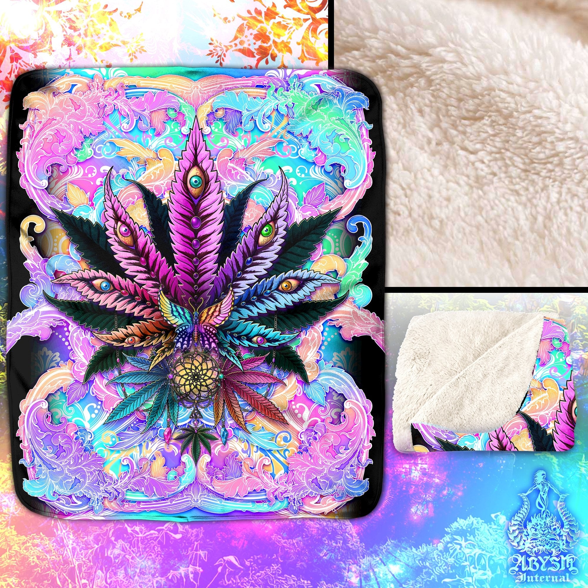 Pastel Weed Throw Fleece Blanket, Aesthetic Cannabis Art, Indie and Hippie Home Decor, 420 Gift - Marijuana, Black - Abysm Internal