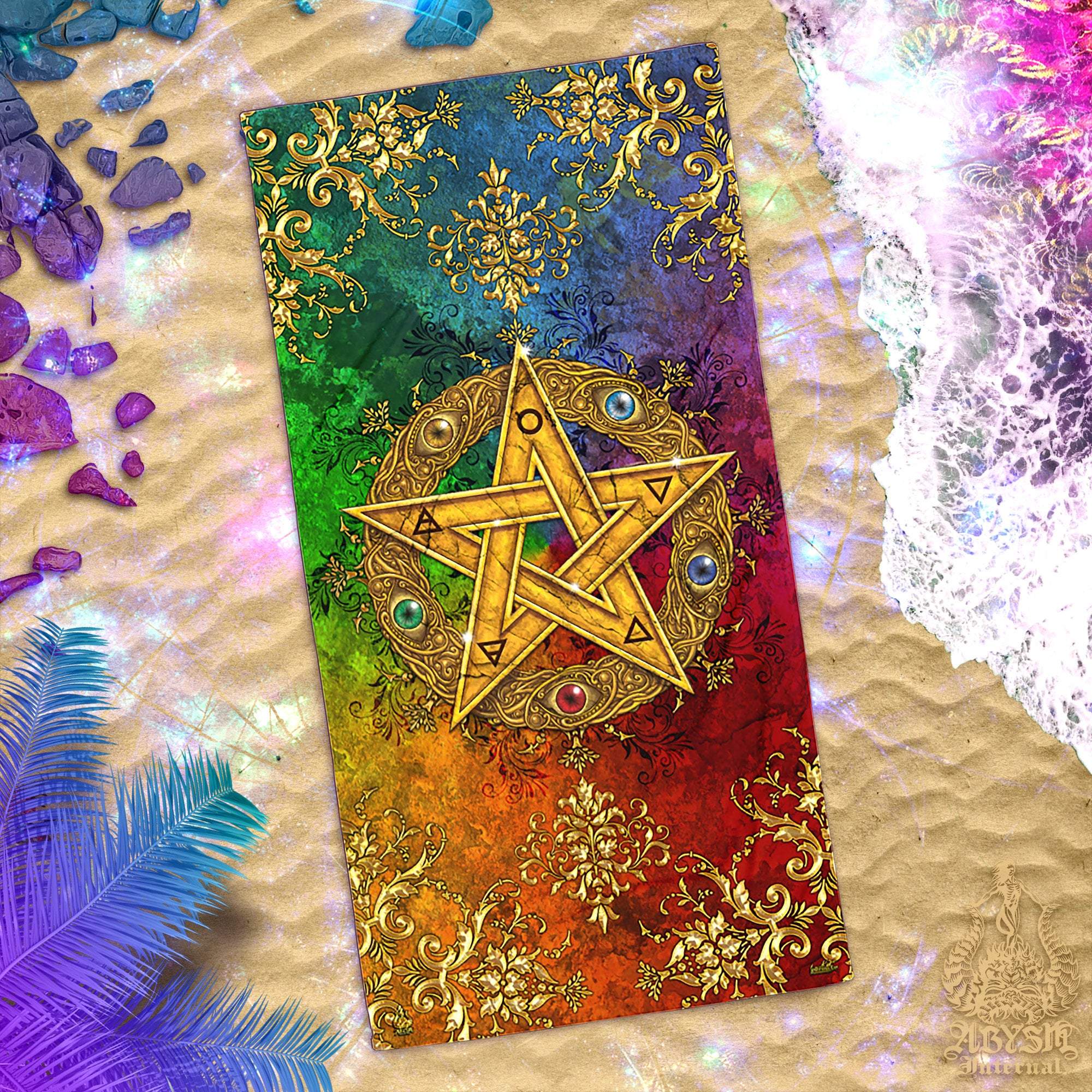 Pentacle Beach Towel, Wiccan Witch and Pagan - Gold - Abysm Internal