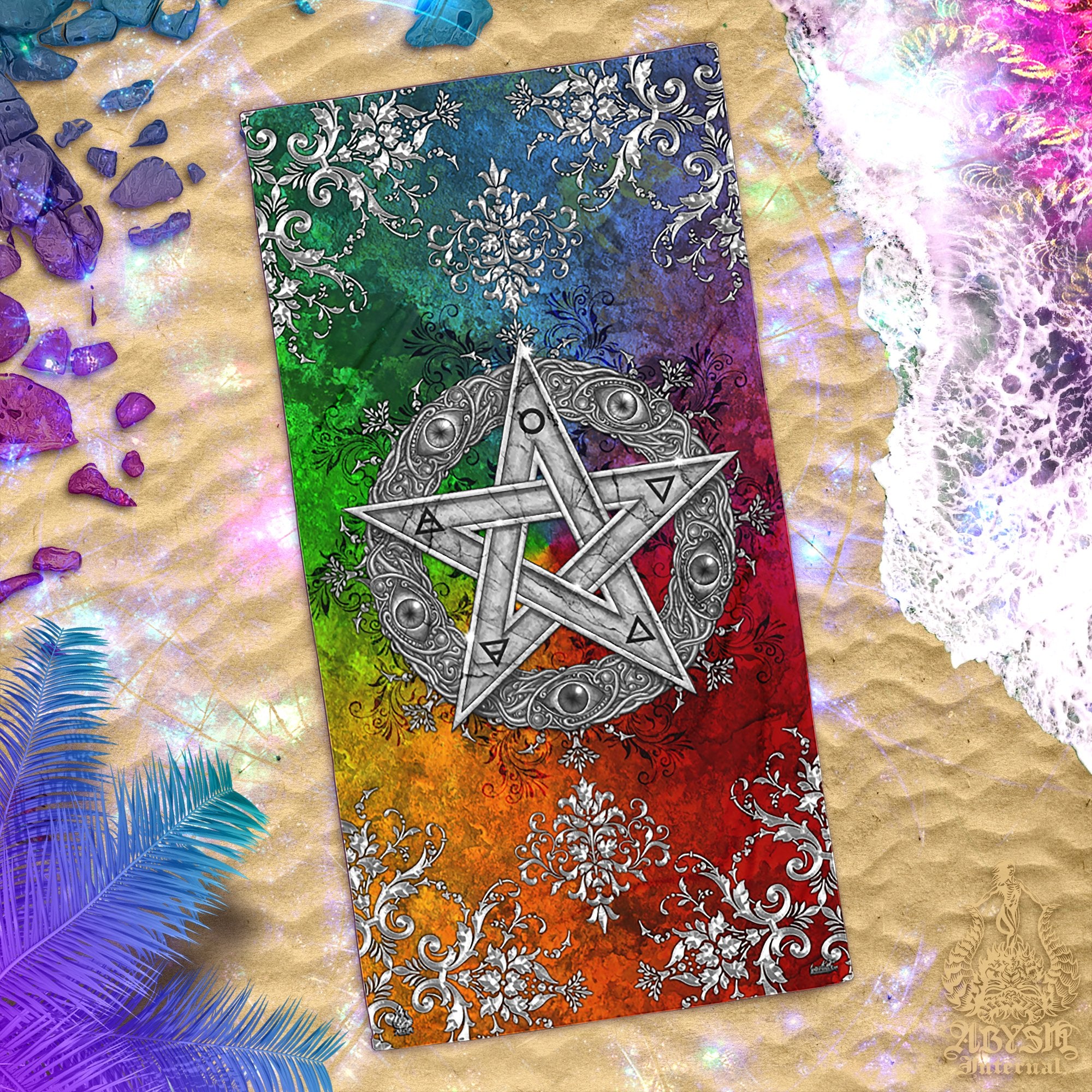 Pentacle Beach Towel, Wiccan Witch and Pagan - Gold & Silver - Abysm Internal