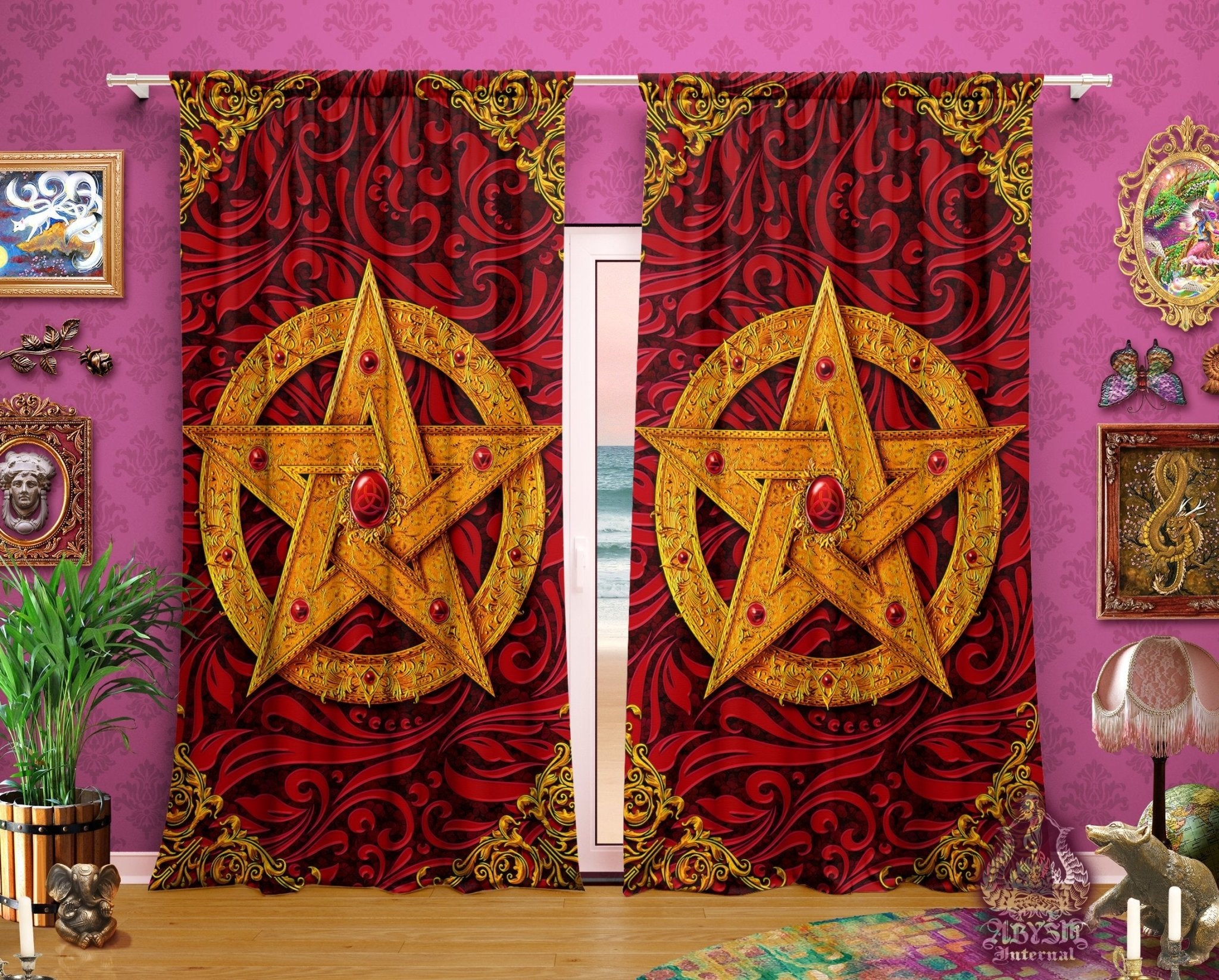 Pentacle Blackout Curtains, Long Window Panels, Witchy Art Print, Wiccan Room Decor, Funky and Eclectic Home Decor - Red - Abysm Internal