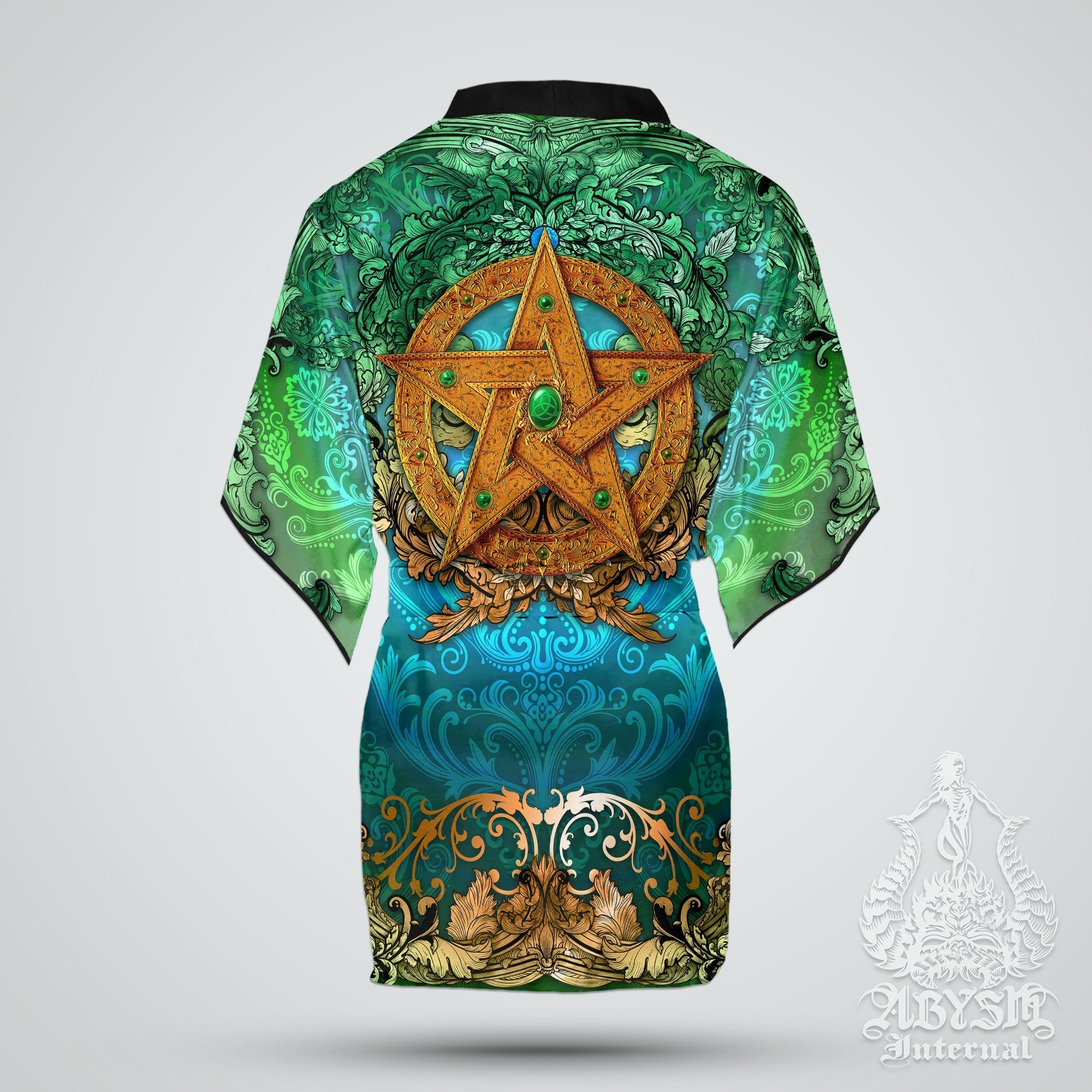 Pentacle Cover Up, Beach Outfit, Witch Party Kimono, Wicca Summer Festival Robe, Witchy Indie and Alternative Clothing, Unisex - Green - Abysm Internal