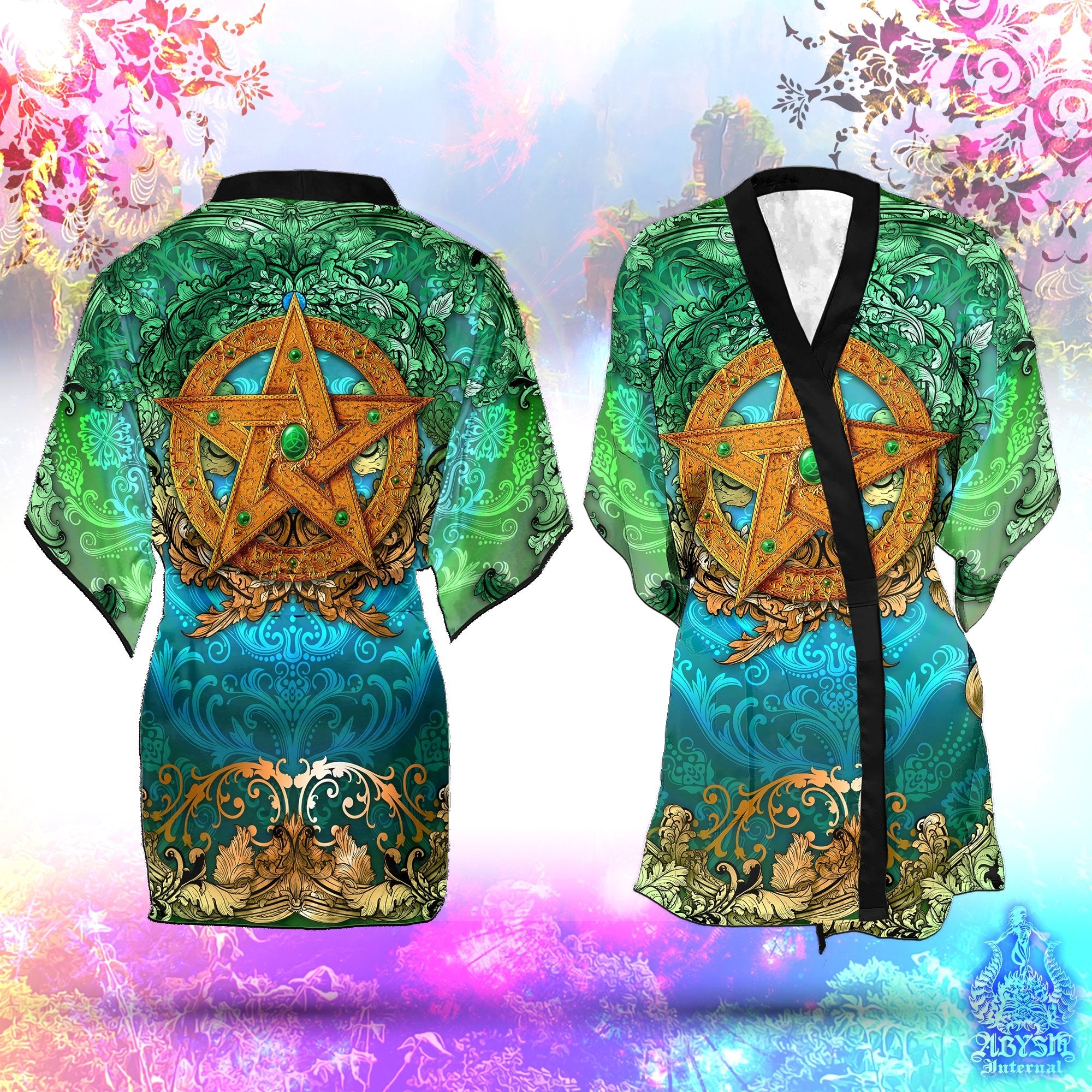 Pentacle Cover Up, Beach Outfit, Witch Party Kimono, Wicca Summer Festival Robe, Witchy Indie and Alternative Clothing, Unisex - Green - Abysm Internal