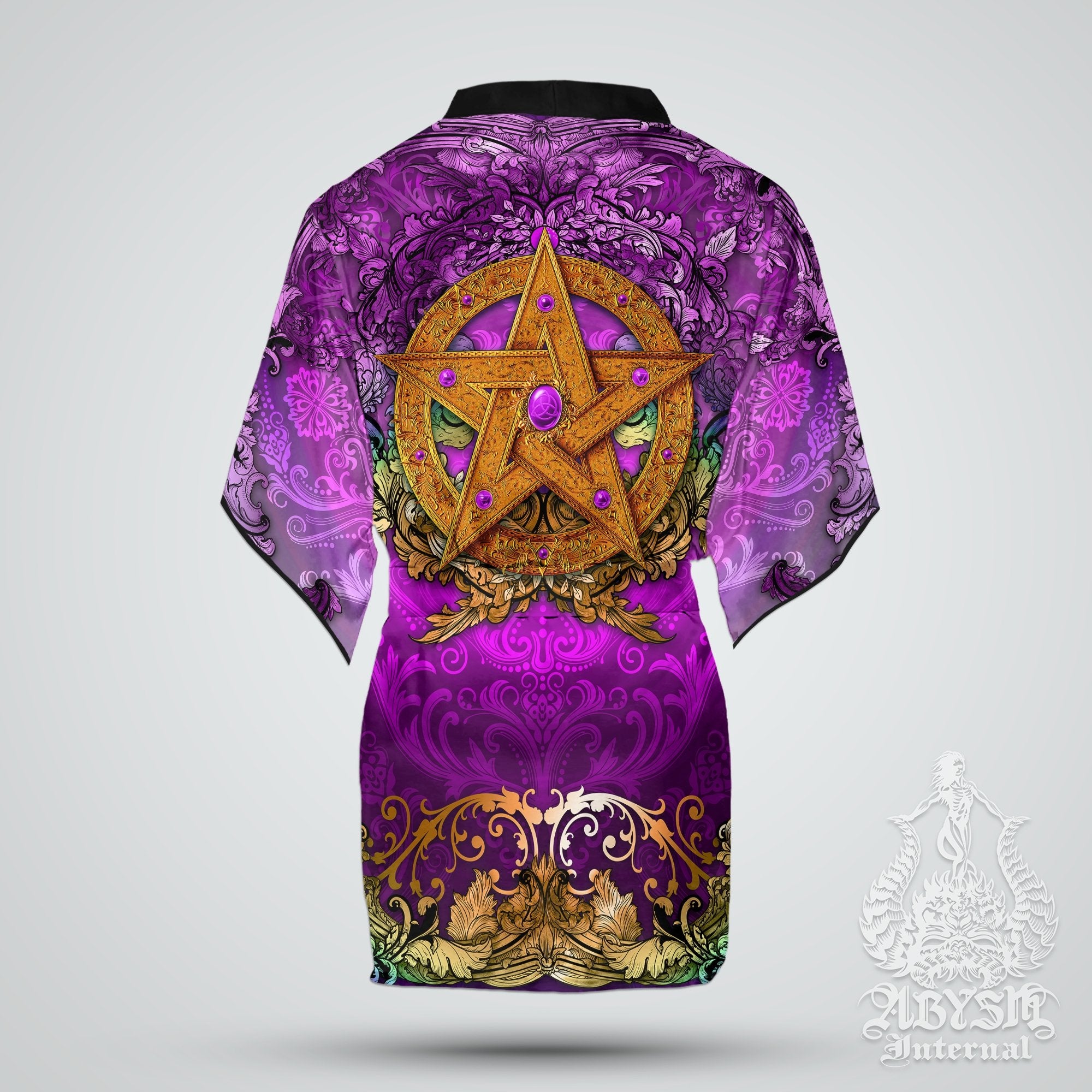 Pentacle Cover Up, Beach Outfit, Witch Party Kimono, Wicca Summer Festival Robe, Witchy Indie and Alternative Clothing, Unisex - Purple - Abysm Internal
