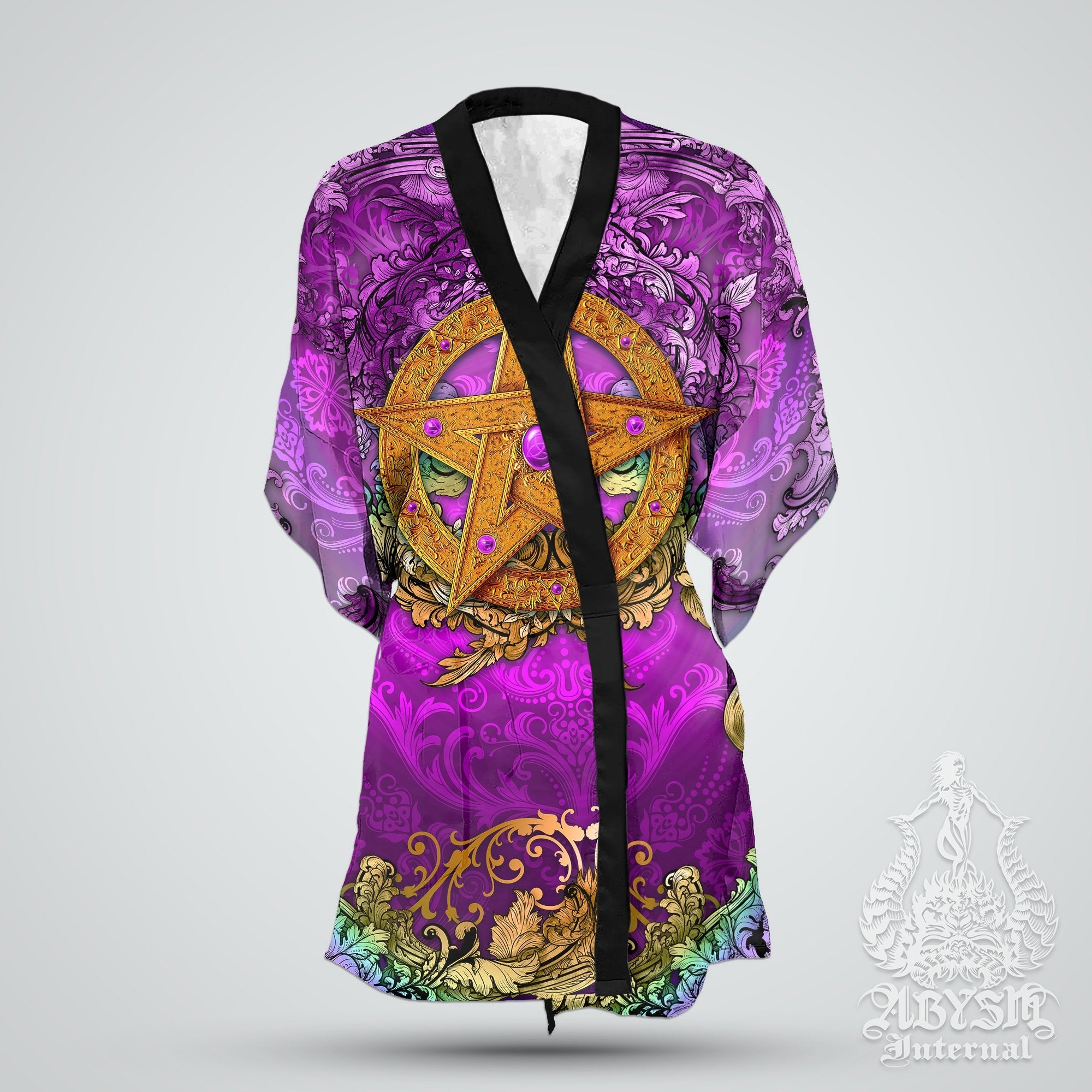 Pentacle Cover Up, Beach Outfit, Witch Party Kimono, Wicca Summer Festival Robe, Witchy Indie and Alternative Clothing, Unisex - Purple - Abysm Internal