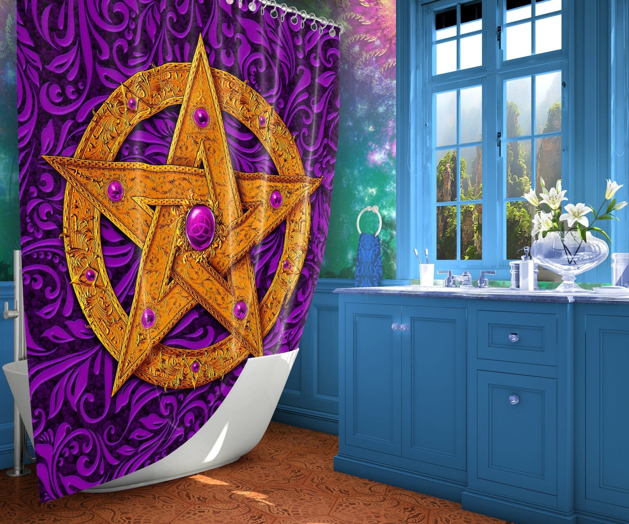 Pentacle Shower Curtain, Witch Bathroom Decor, Wicca Art, Eclectic and Funky Home - Gold Star, 4 Colours - Abysm Internal