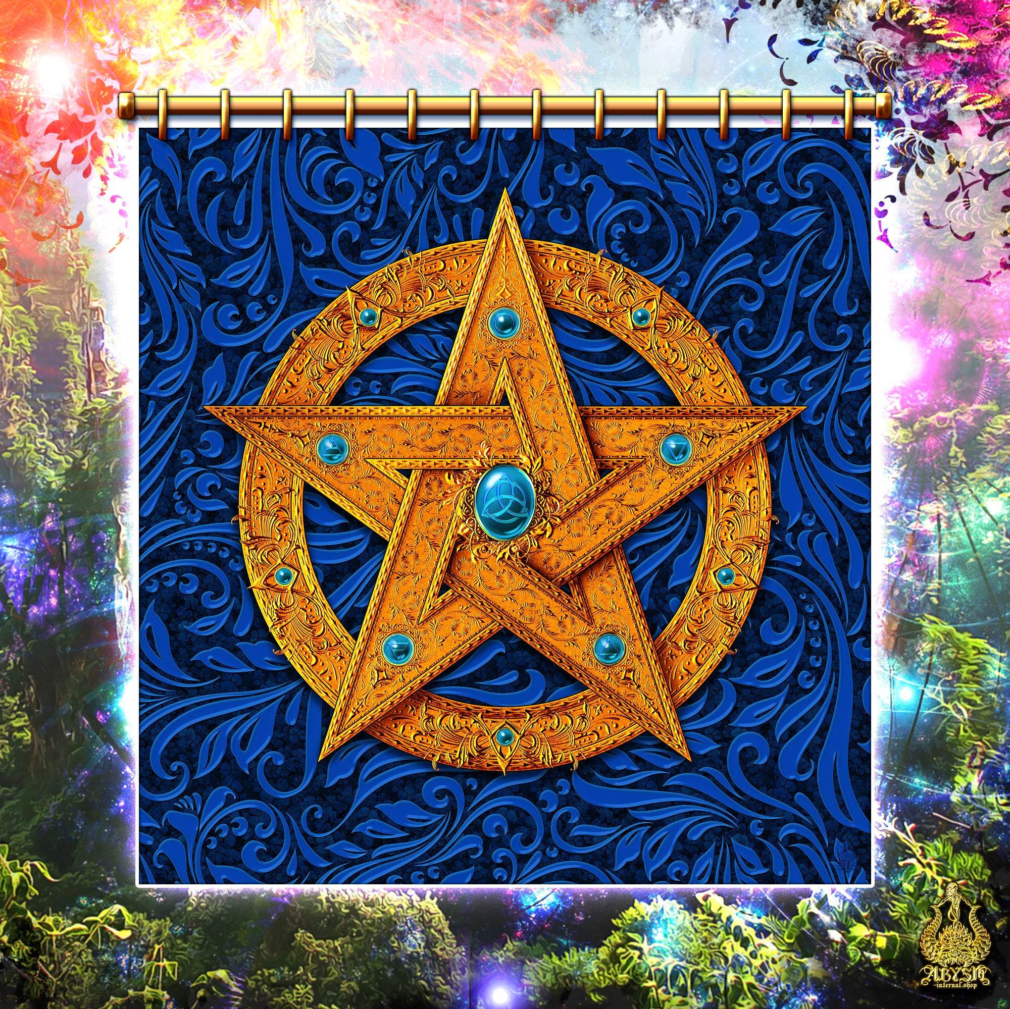 Pentacle Shower Curtain, Witch Bathroom Decor, Wicca Art, Eclectic and Funky Home - Gold Star, 4 Colours - Abysm Internal