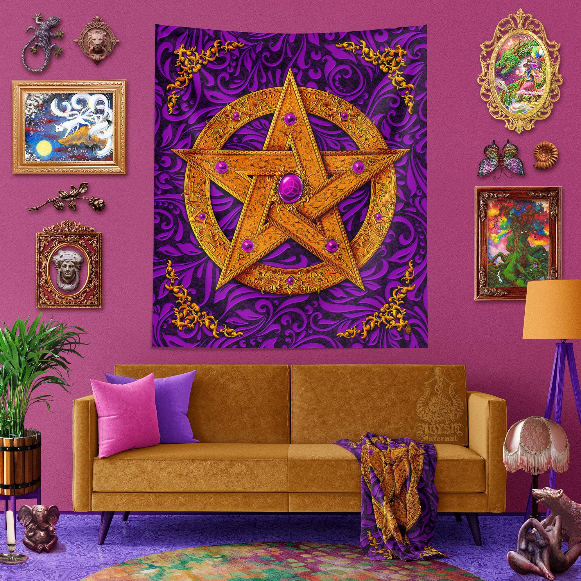 Pentacle Tapestry, Pagan Wiccan Wall Hanging, Witchy Home Decor, Art Print, Eclectic and Funky - 4 Colors - Abysm Internal