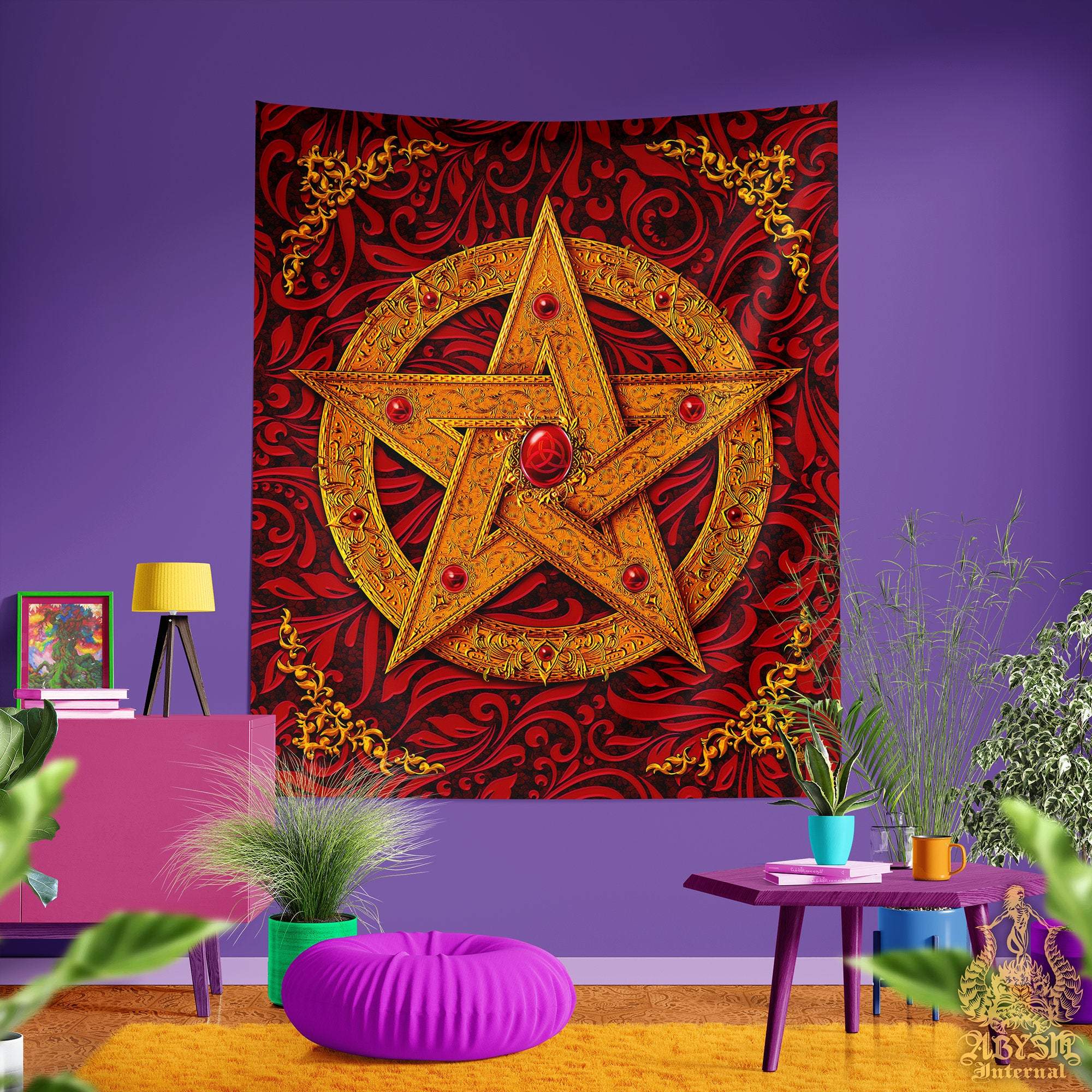 Pentacle Tapestry, Pagan Wiccan Wall Hanging, Witchy Home Decor, Art Print, Eclectic and Funky - 4 Colors - Abysm Internal