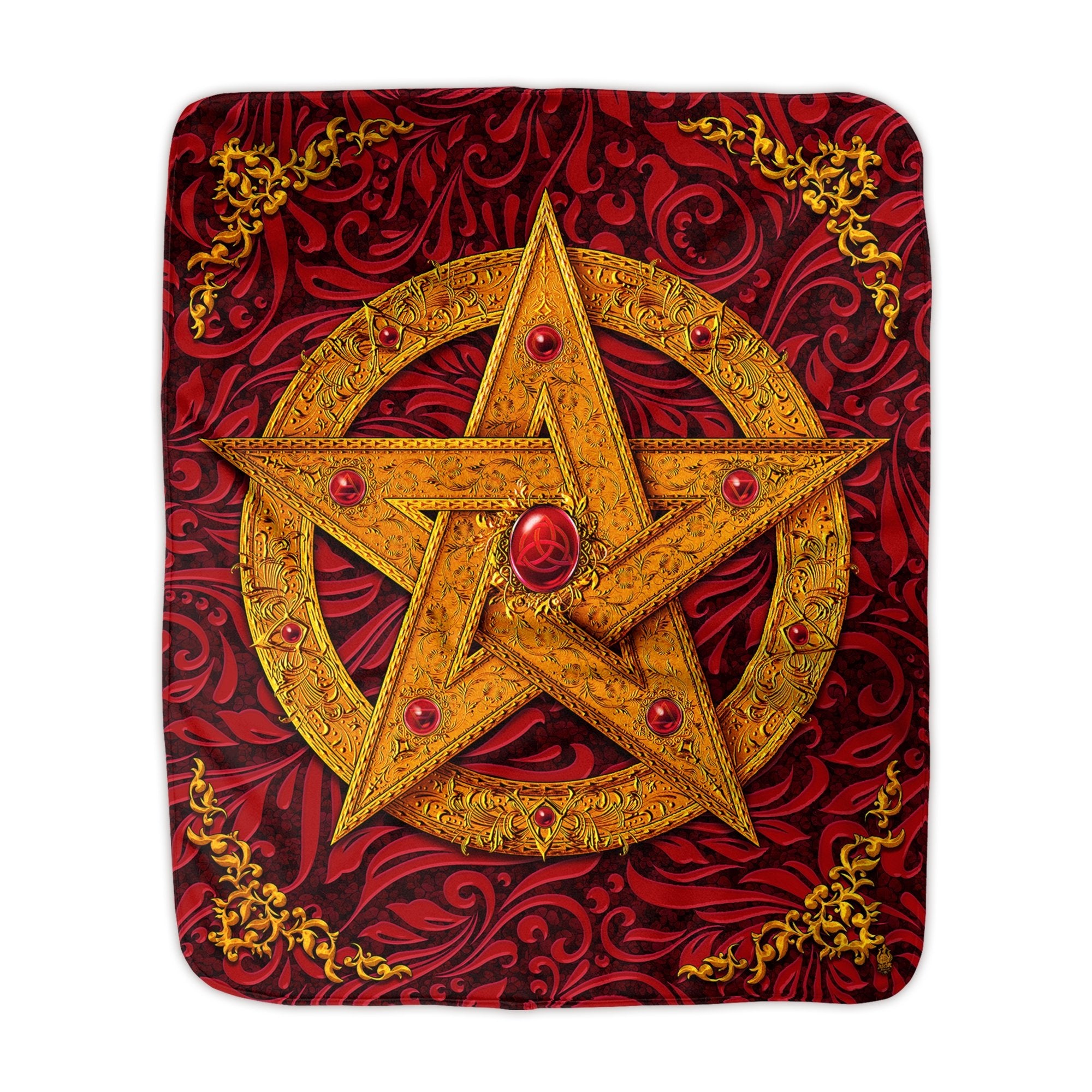 Pentacle Throw Fleece Blanket, Wicca and Pagan Decor, Witchy Room - Red - Abysm Internal
