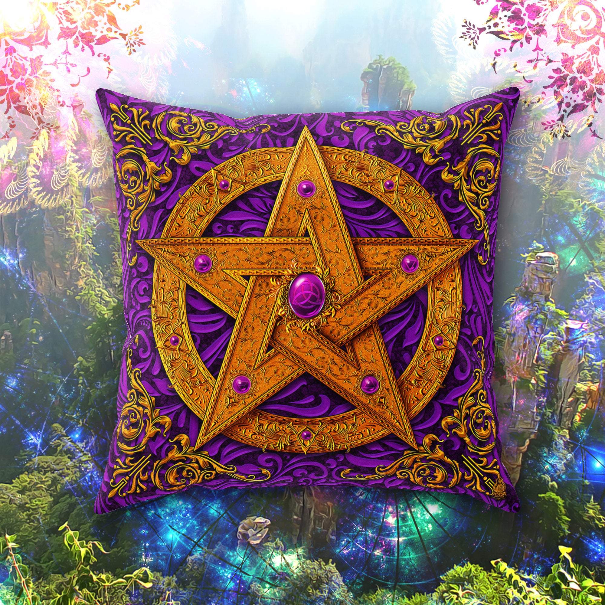 Pentacle Throw Pillow, Decorative Accent Cushion, Wicca, Witchy Room Decor, Pagan Art, Funky and Eclectic Home - Purple - Abysm Internal