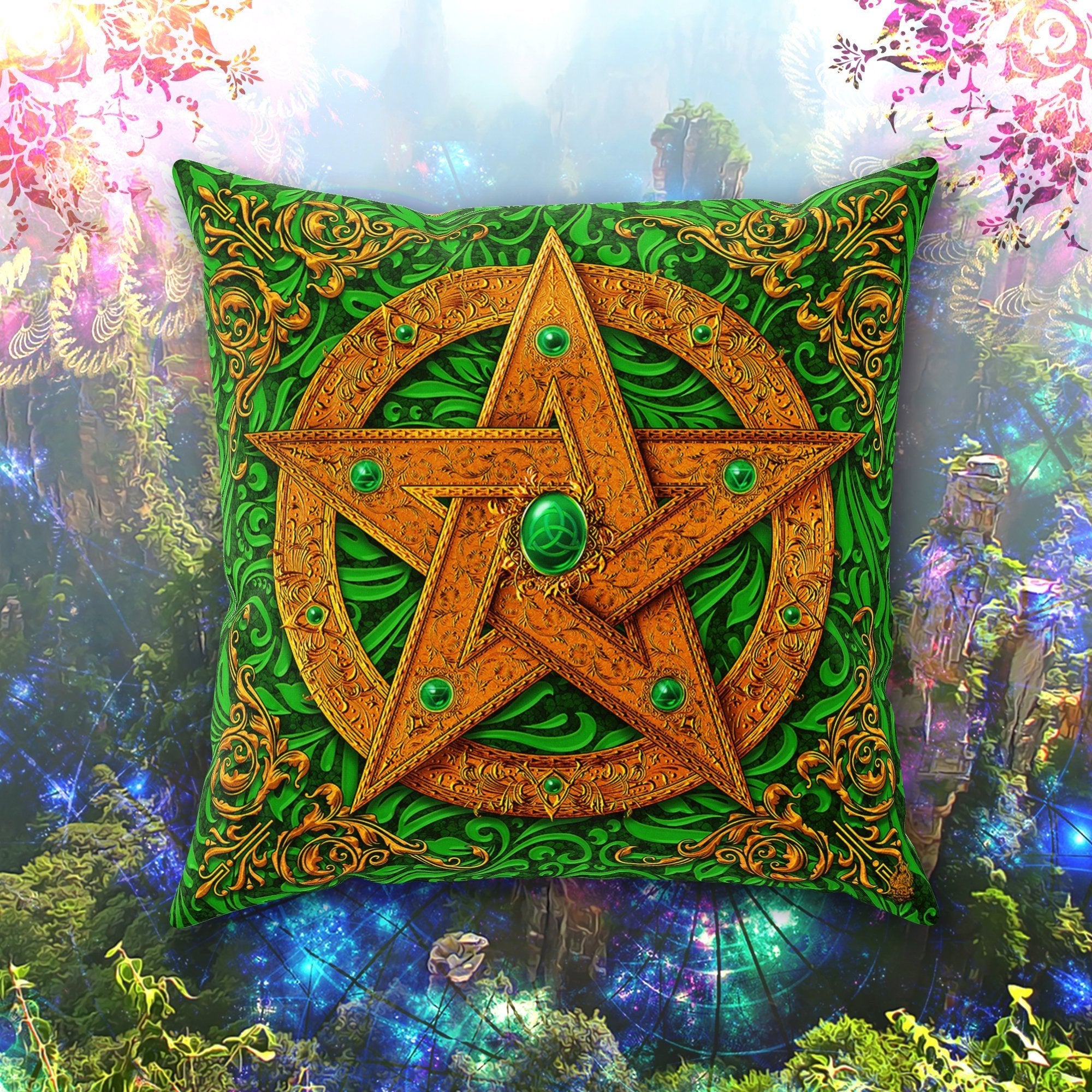 Pentacle Throw Pillow, Decorative Accent Cushion, Wiccan, Witch Decor, Pagan Art, Funky and Eclectic Home - Green - Abysm Internal