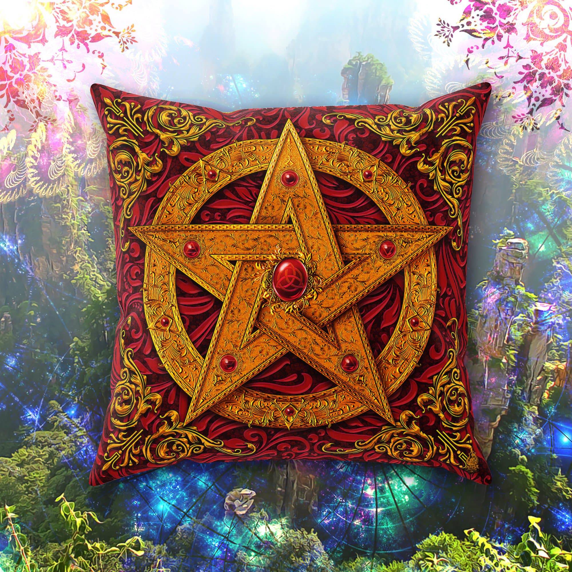Pentacle Throw Pillow, Decorative Accent Cushion, Witch, Wicca Home Decor, Pagan Art, Funky and Eclectic Home - Red - Abysm Internal
