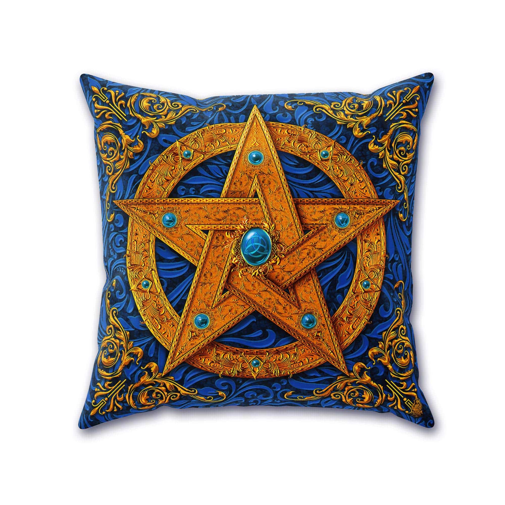 Pentacle Throw Pillow, Decorative Accent Cushion, Witchy, Wiccan Room Decor, Pagan Art, Funky and Eclectic Home - Blue - Abysm Internal