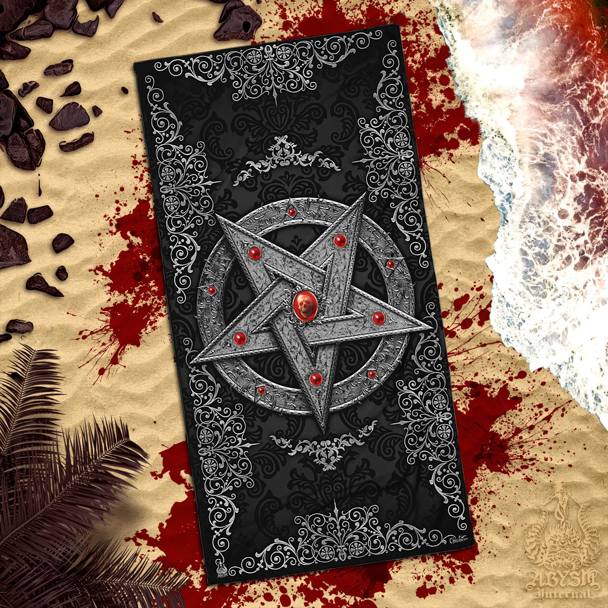 Pentagram Beach Towel, Satanic Decor, Goth - Silver - Abysm Internal