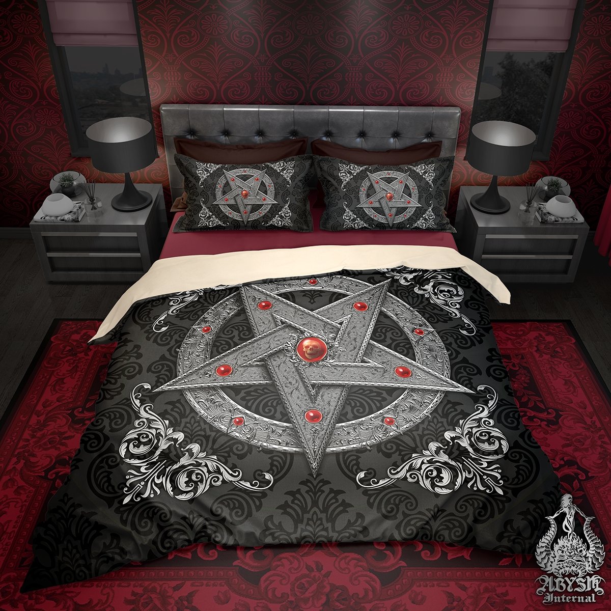 Pentagram Bedding Set, Comforter and Duvet, Gothic Bed Cover and Bedroom Decor, King, Queen and Twin Size - Silver - Abysm Internal