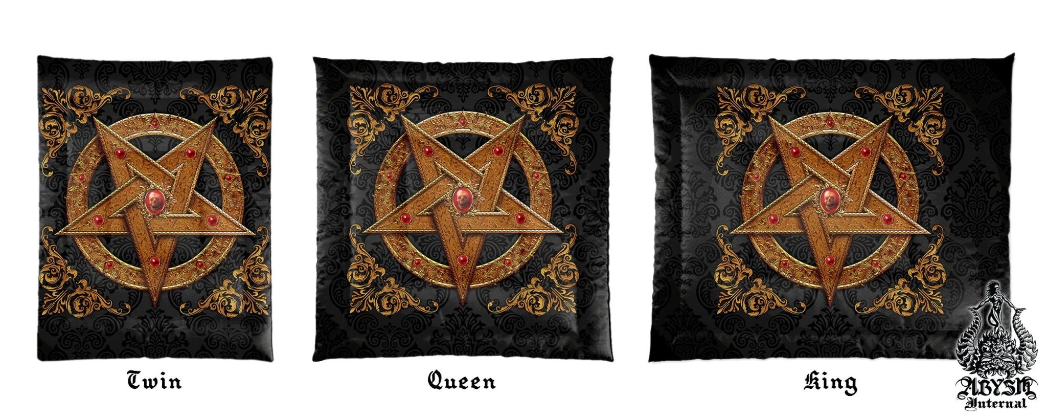 Pentagram Bedding Set, Comforter and Duvet, Satanic Goth Bed Cover and Bedroom Decor, King, Queen and Twin Size - Gold - Abysm Internal