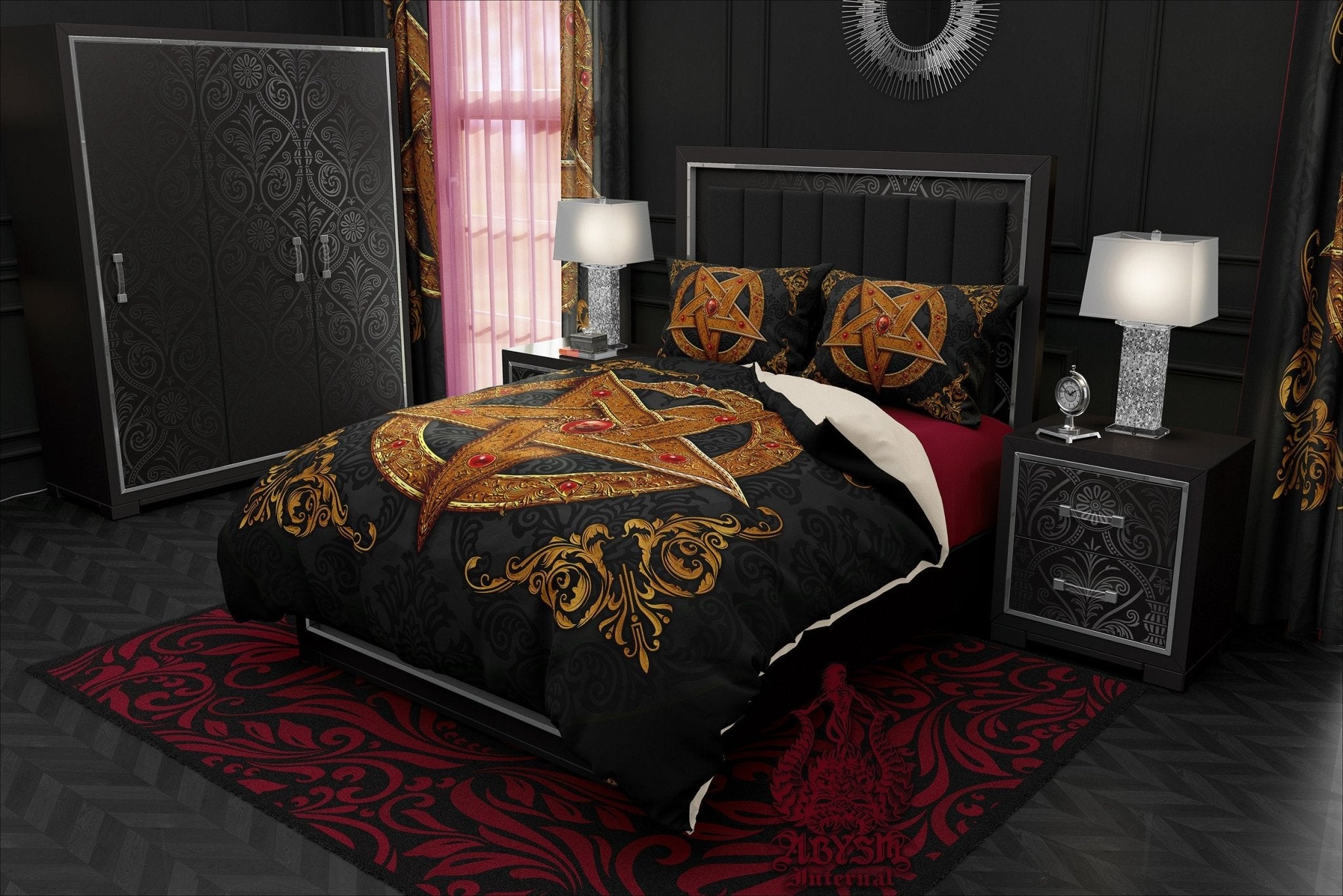 Pentagram Bedding Set, Comforter and Duvet, Satanic Goth Bed Cover and Bedroom Decor, King, Queen and Twin Size - Gold - Abysm Internal