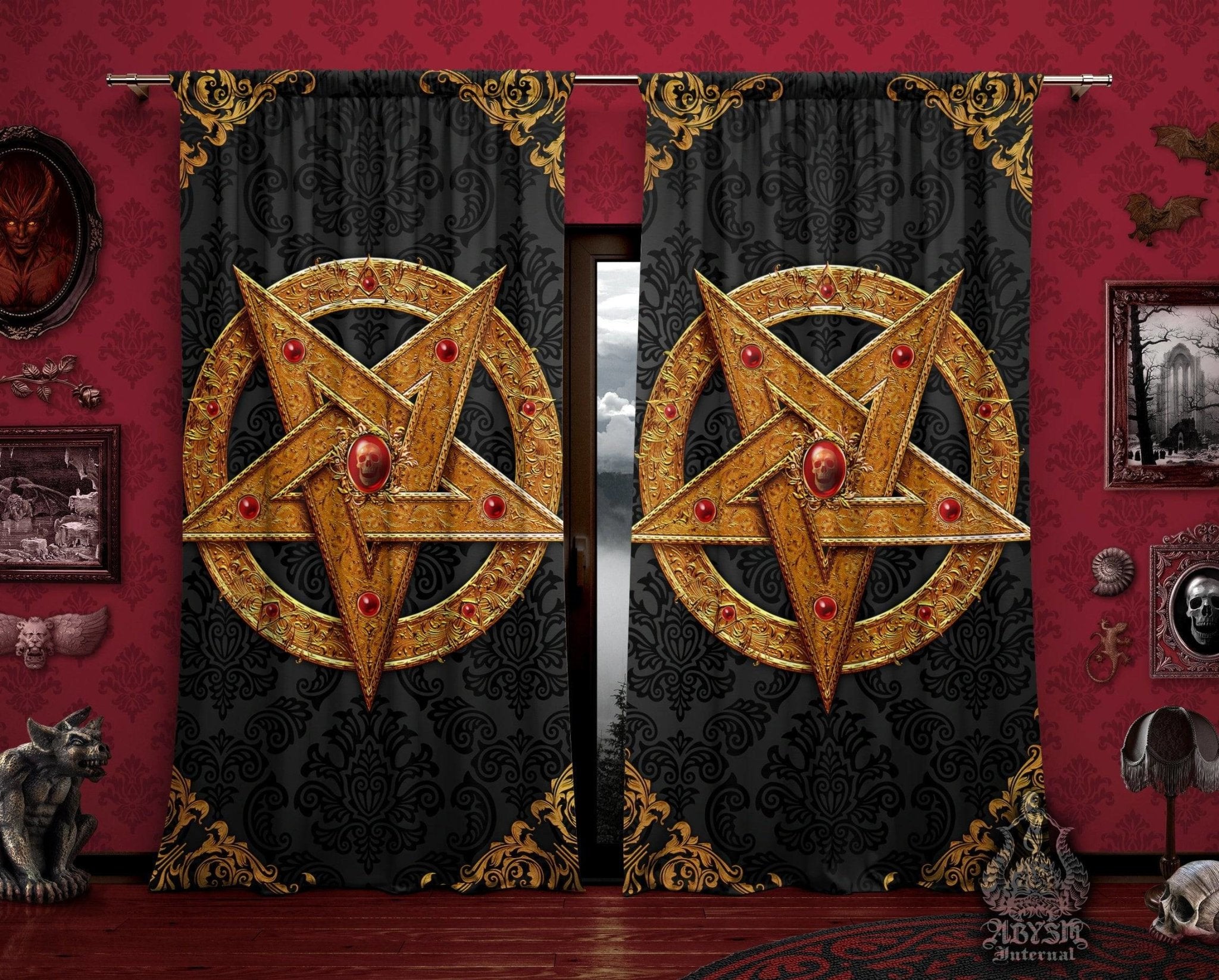 Pentagram Blackout Curtains, Long Window Panels, Satanic Goth Home Decor, Art Print - Gold - Abysm Internal